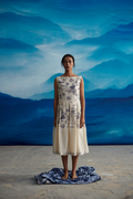 White Chanderi Pleated Midi Dress With Lace at Kamakhyaa by Ahmev. This item is Casual Wear, Chanderi, Indigo Eden by Ahmev, Korean Chic, Lace, Midi Dresses, Natural, Prints, Regular Fit, White, Womenswear