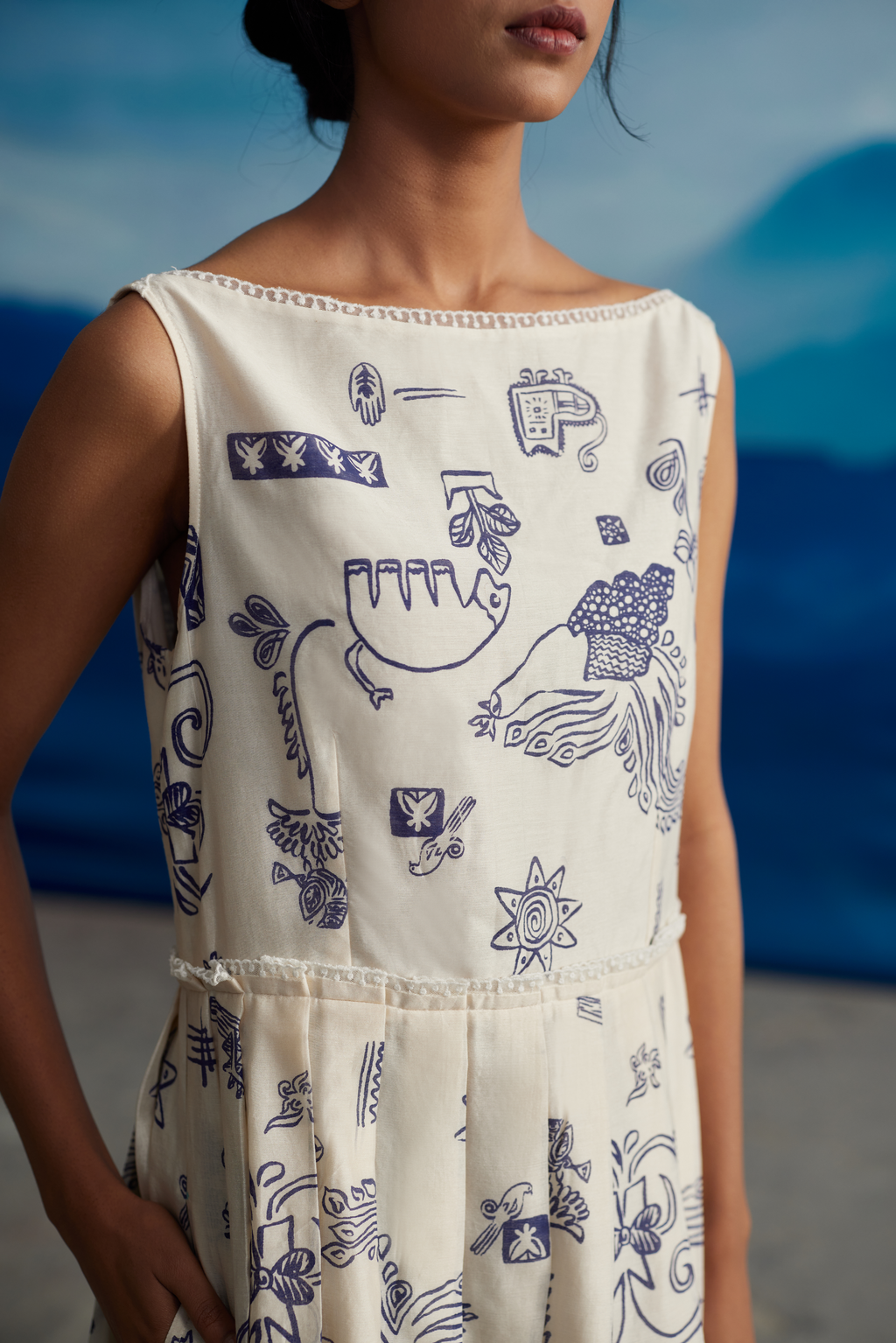 White Chanderi Pleated Midi Dress With Lace at Kamakhyaa by Ahmev. This item is Casual Wear, Chanderi, Indigo Eden by Ahmev, Korean Chic, Lace, Midi Dresses, Natural, Prints, Regular Fit, White, Womenswear