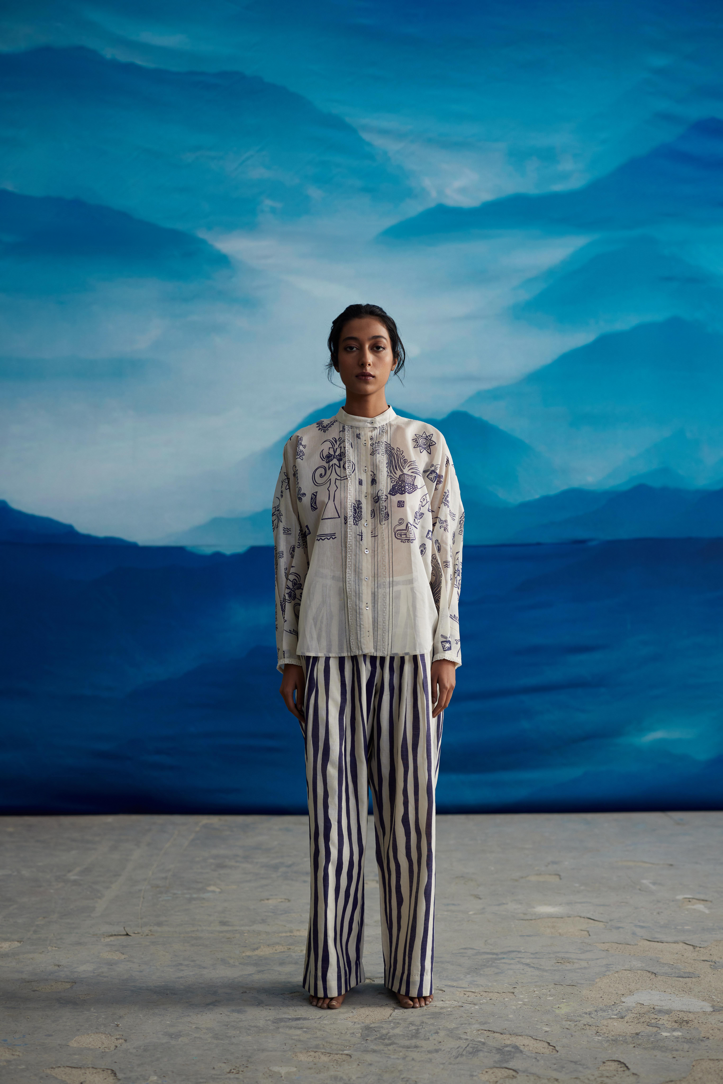 White Chanderi Printed Shirt With Lace at Kamakhyaa by Ahmev. This item is Casual Wear, Indigo Eden by Ahmev, Korean Chic, Lace, Natural, Prints, Regular Fit, Shirts, Silk Organza, White, Womenswear