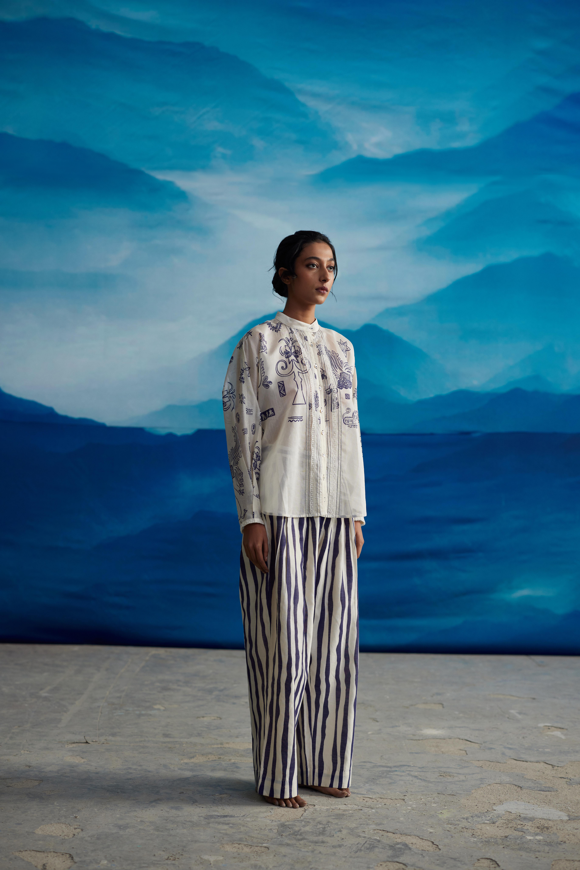 White Chanderi Printed Shirt With Lace at Kamakhyaa by Ahmev. This item is Casual Wear, Indigo Eden by Ahmev, Korean Chic, Lace, Natural, Prints, Regular Fit, Shirts, Silk Organza, White, Womenswear