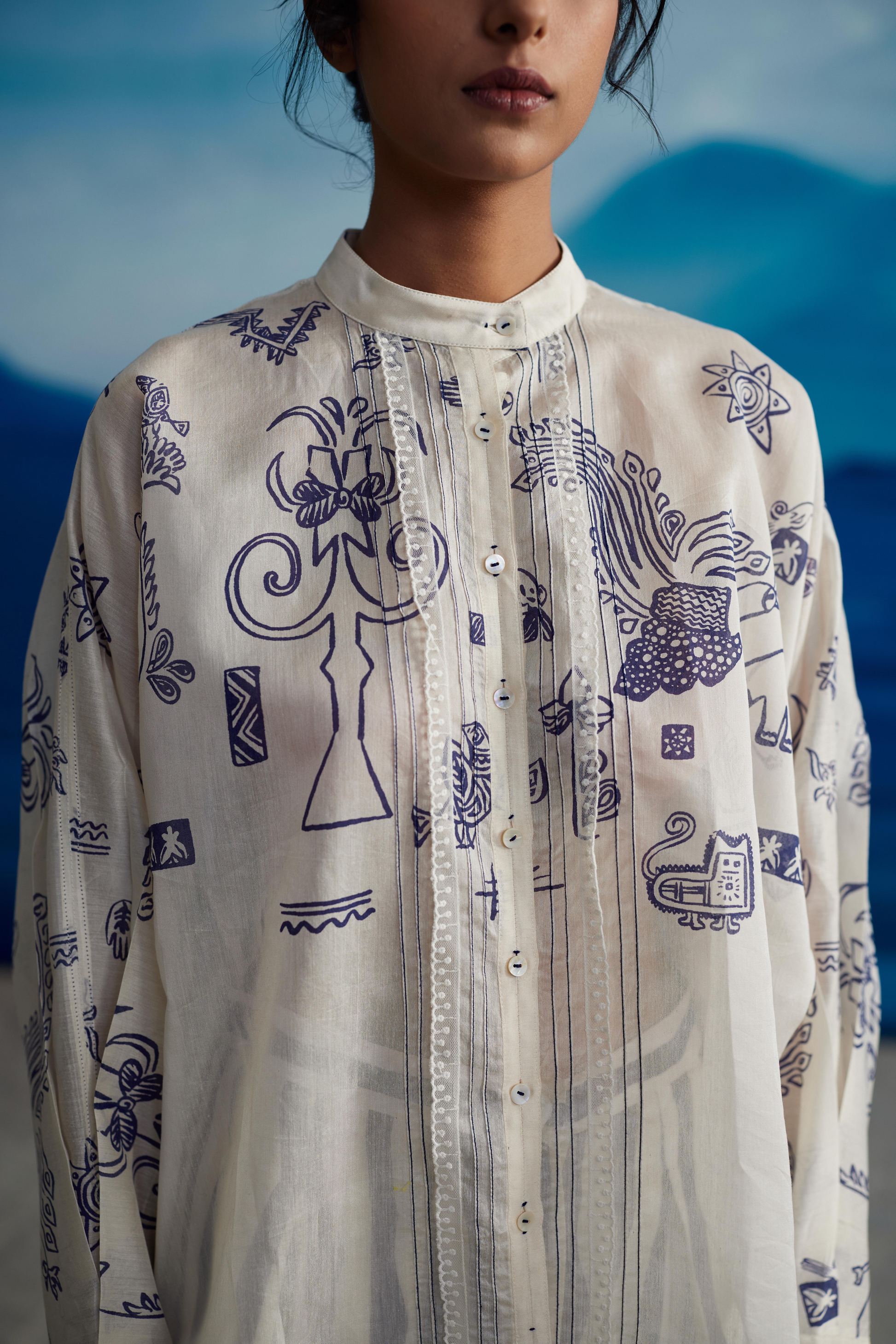 White Chanderi Printed Shirt With Lace at Kamakhyaa by Ahmev. This item is Casual Wear, Indigo Eden by Ahmev, Korean Chic, Lace, Natural, Prints, Regular Fit, Shirts, Silk Organza, White, Womenswear