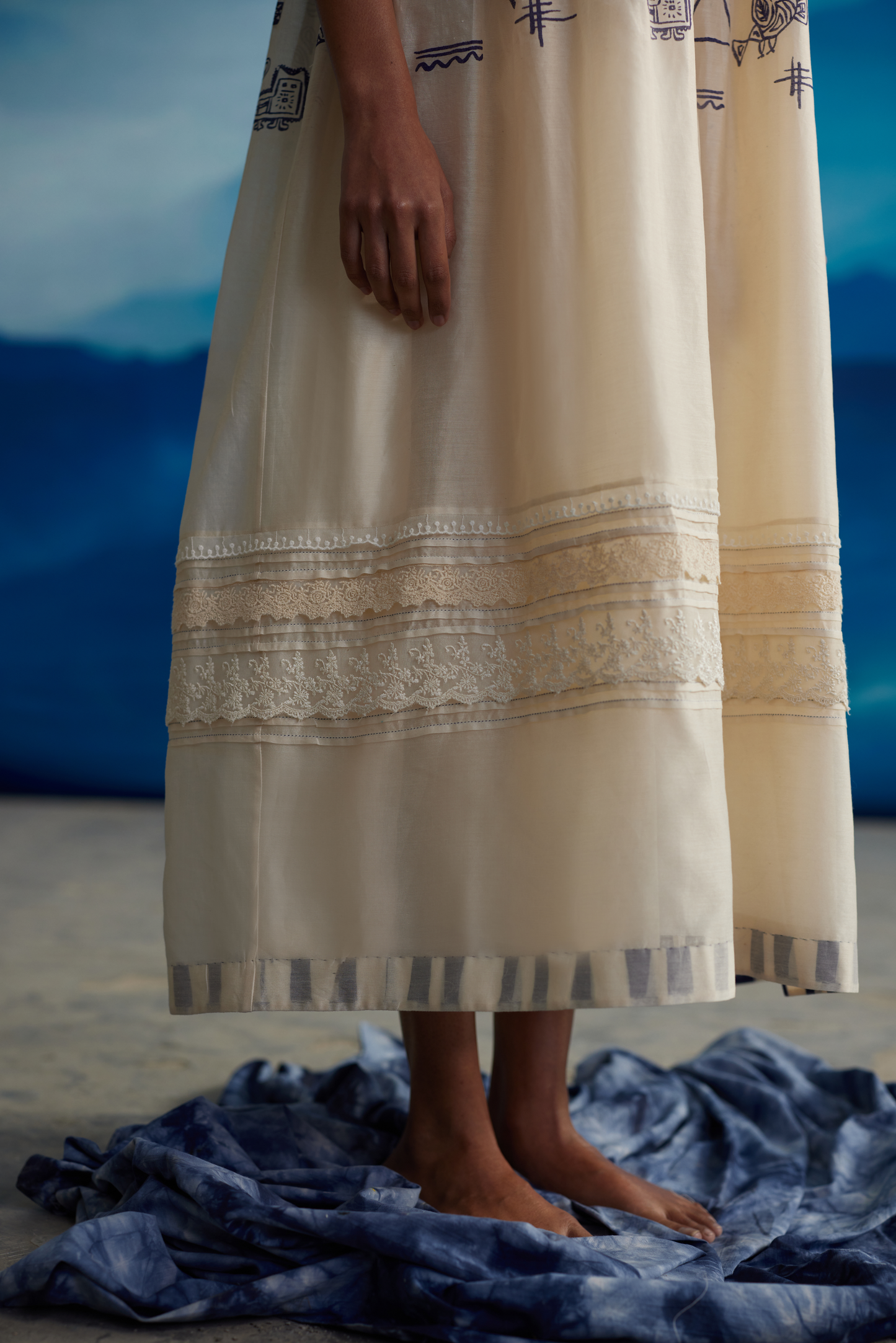 White Chanderi Quilted Midi Dress at Kamakhyaa by Ahmev. This item is Casual Wear, Chanderi, Indigo Eden by Ahmev, Korean Chic, Lace, Midi Dresses, Natural, Prints, Regular Fit, White, Womenswear