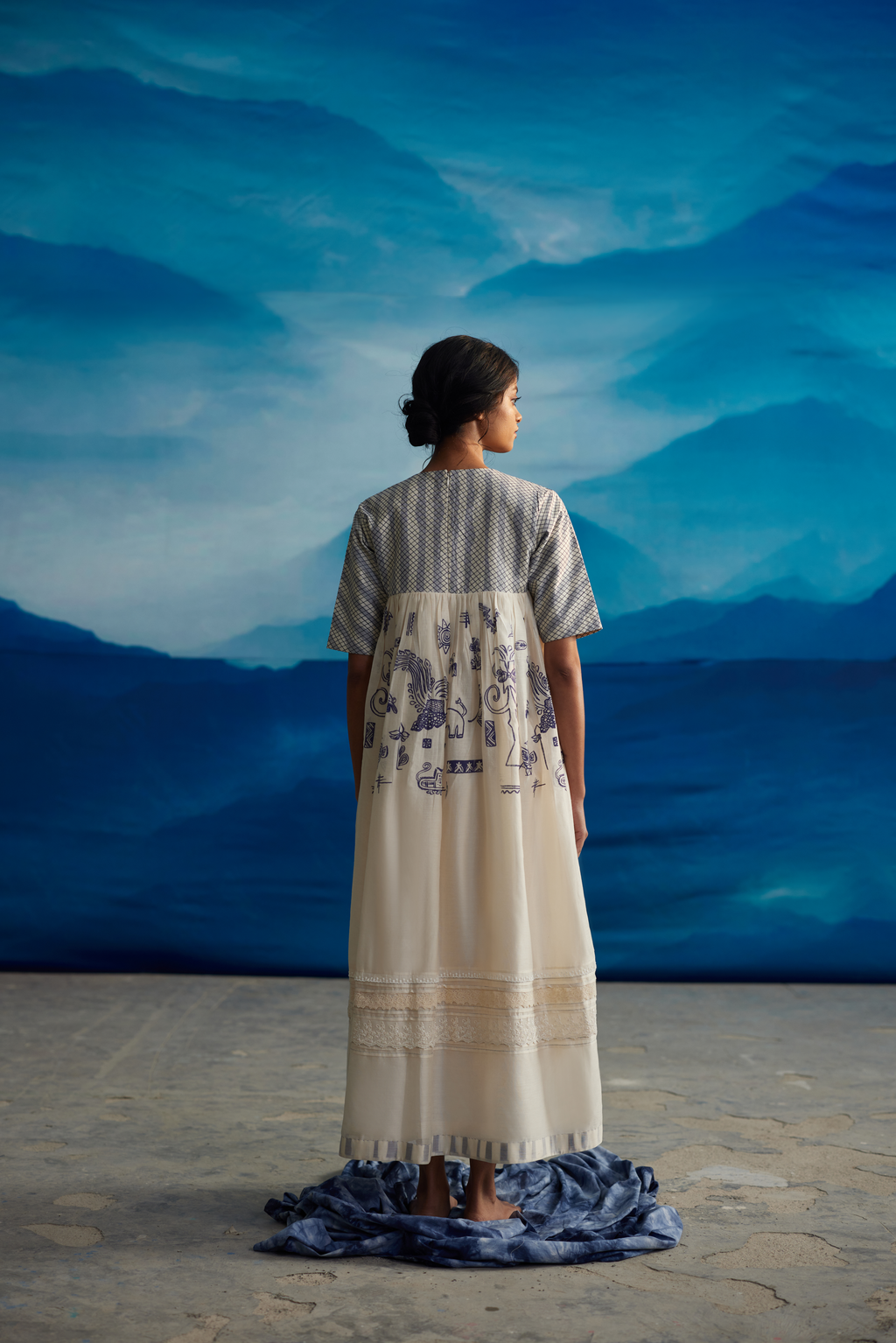 White Chanderi Quilted Midi Dress at Kamakhyaa by Ahmev. This item is Casual Wear, Chanderi, Indigo Eden by Ahmev, Korean Chic, Lace, Midi Dresses, Natural, Prints, Regular Fit, White, Womenswear