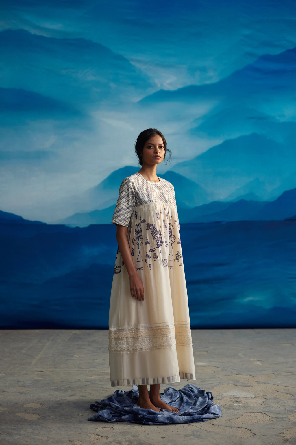 White Chanderi Quilted Midi Dress at Kamakhyaa by Ahmev. This item is Casual Wear, Chanderi, Indigo Eden by Ahmev, Korean Chic, Lace, Midi Dresses, Natural, Prints, Regular Fit, White, Womenswear