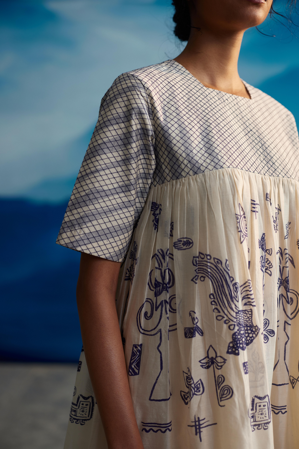White Chanderi Quilted Midi Dress at Kamakhyaa by Ahmev. This item is Casual Wear, Chanderi, Indigo Eden by Ahmev, Korean Chic, Lace, Midi Dresses, Natural, Prints, Regular Fit, White, Womenswear