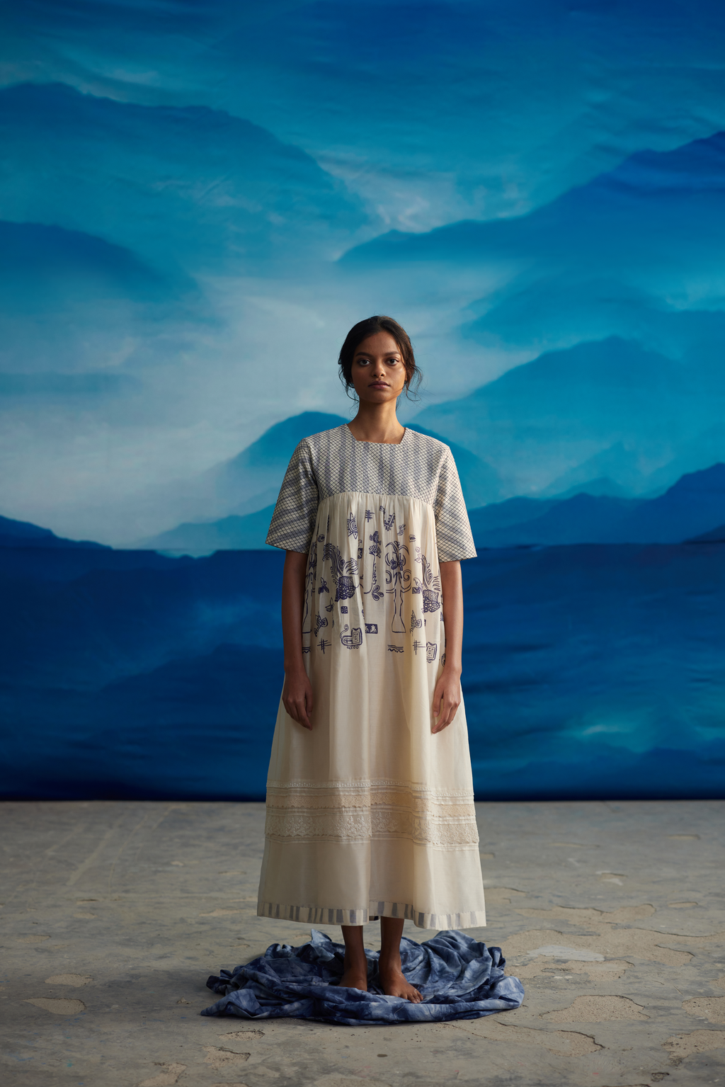 White Chanderi Quilted Midi Dress at Kamakhyaa by Ahmev. This item is Casual Wear, Chanderi, Indigo Eden by Ahmev, Korean Chic, Lace, Midi Dresses, Natural, Prints, Regular Fit, White, Womenswear