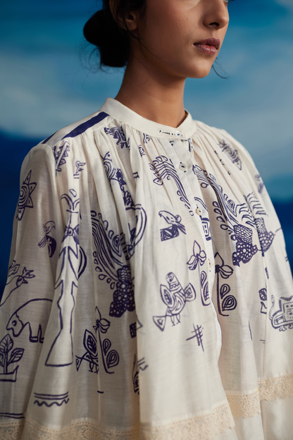 White Chanderi Shirt With Shoulder Down Gathers at Kamakhyaa by Ahmev. This item is Casual Wear, Chanderi, Indigo Eden by Ahmev, Korean Chic, Lace, Natural, Prints, Regular Fit, Shirts, White, Womenswear