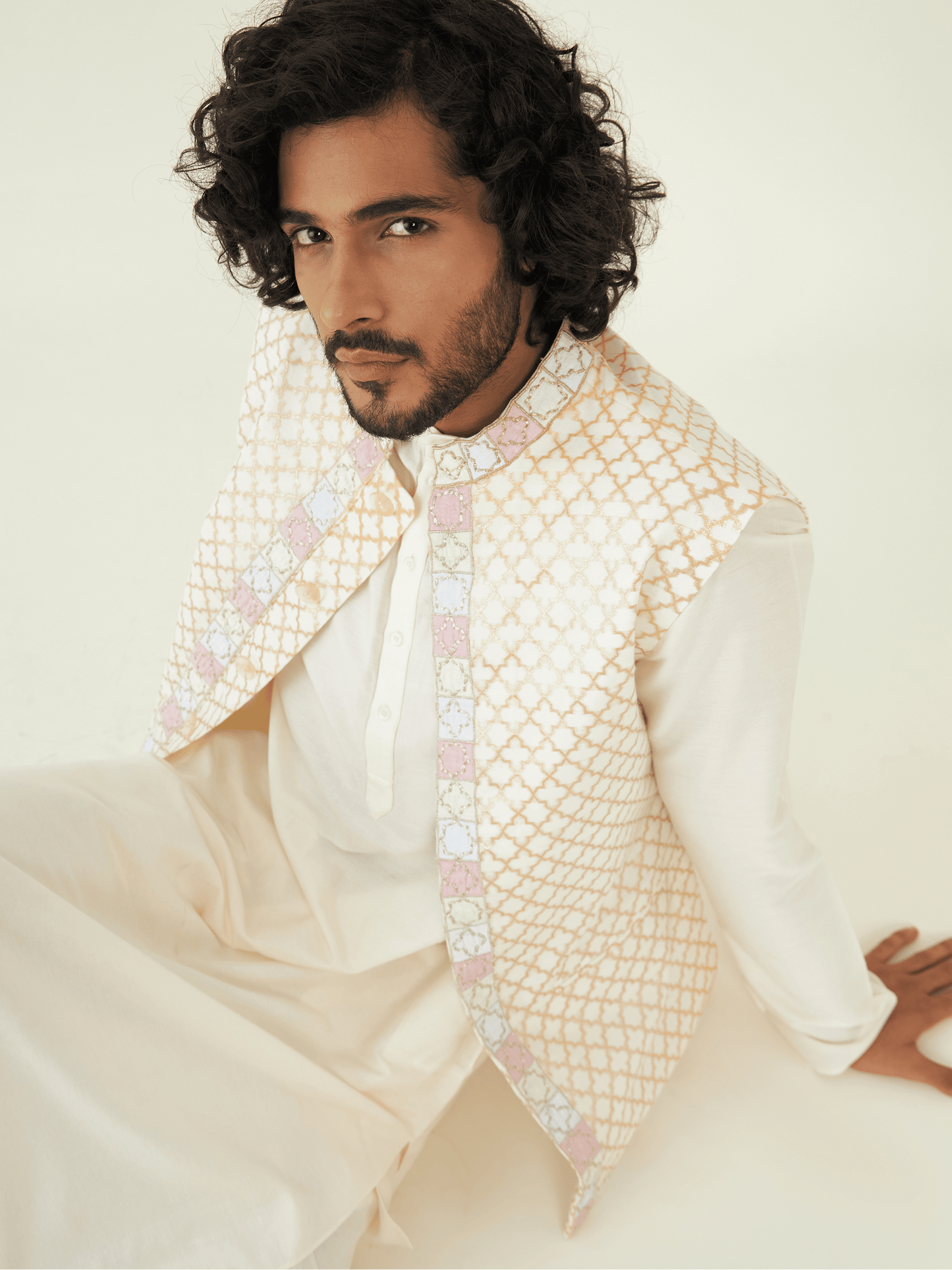 White Chanderi Silk Jacket at Kamakhyaa by RoohbyRidhimaa. This item is Festive Wear, Gota-Patti Embroidery, Jackets, Men Jackets, Menswear By RoohbyRidhimaa, Pure Silk Chanderi Jacquard, Qala By RoohbyRidhimaa, Regular Fit, White