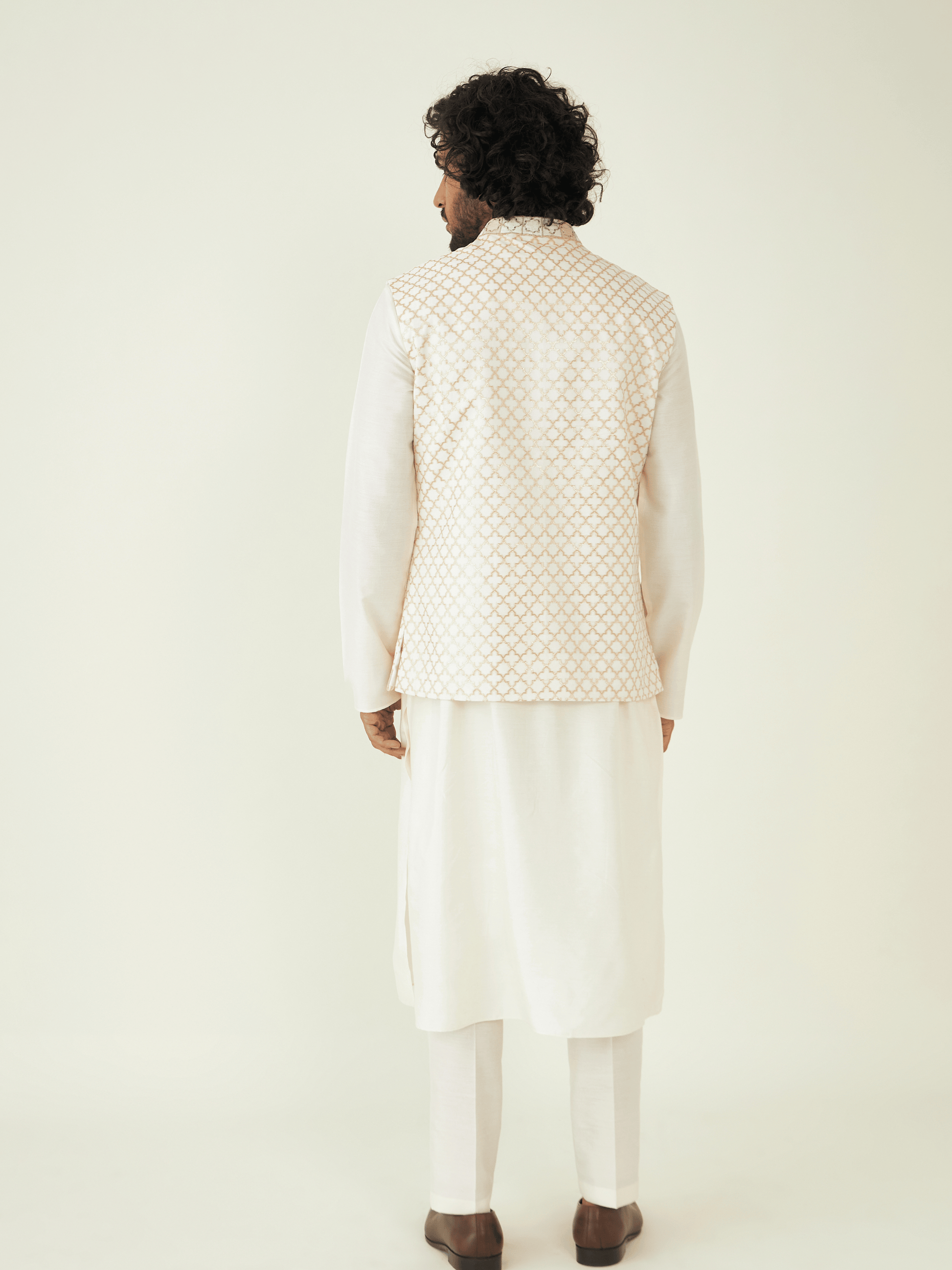 White Chanderi Silk Jacket at Kamakhyaa by RoohbyRidhimaa. This item is Festive Wear, Gota-Patti Embroidery, Jackets, Men Jackets, Menswear By RoohbyRidhimaa, Pure Silk Chanderi Jacquard, Qala By RoohbyRidhimaa, Regular Fit, White