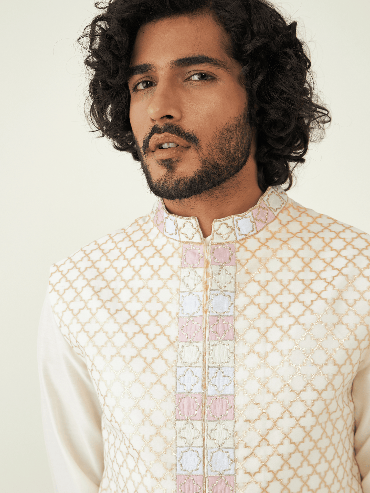 White Chanderi Silk Jacket at Kamakhyaa by RoohbyRidhimaa. This item is Festive Wear, Gota-Patti Embroidery, Jackets, Men Jackets, Menswear By RoohbyRidhimaa, Pure Silk Chanderi Jacquard, Qala By RoohbyRidhimaa, Regular Fit, White