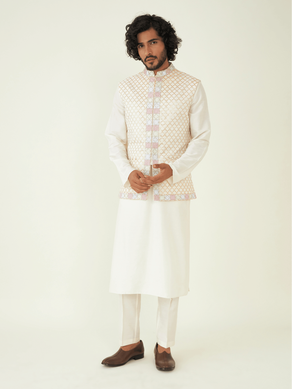 White Chanderi Silk Jacket at Kamakhyaa by RoohbyRidhimaa. This item is Festive Wear, Gota-Patti Embroidery, Jackets, Men Jackets, Menswear By RoohbyRidhimaa, Pure Silk Chanderi Jacquard, Qala By RoohbyRidhimaa, Regular Fit, White