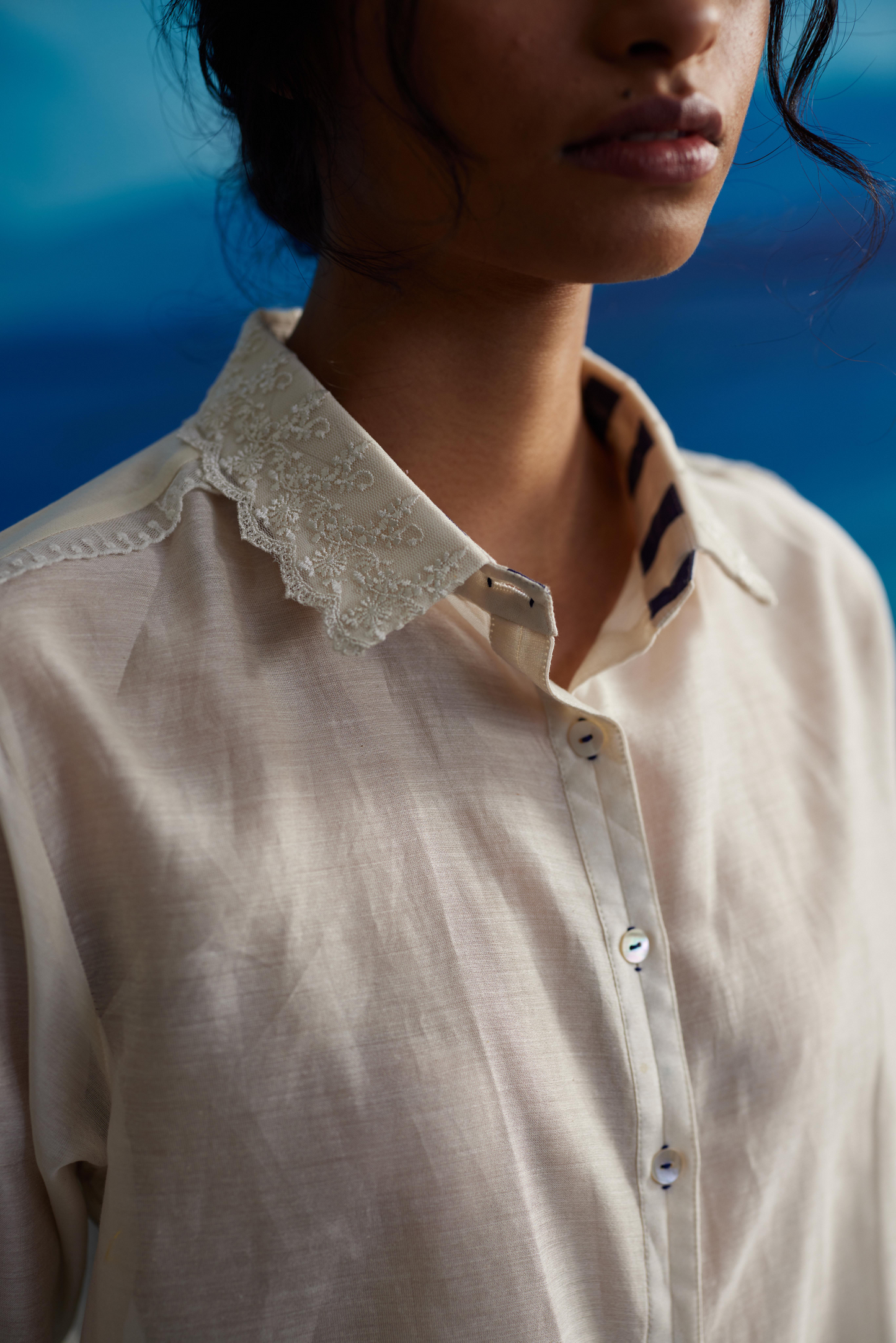 White Chanderi Solid Shirt With Lace at Kamakhyaa by Ahmev. This item is Casual Wear, Chanderi, Indigo Eden by Ahmev, Korean Chic, Lace, Natural, Regular Fit, Shirts, Solids, White, Womenswear