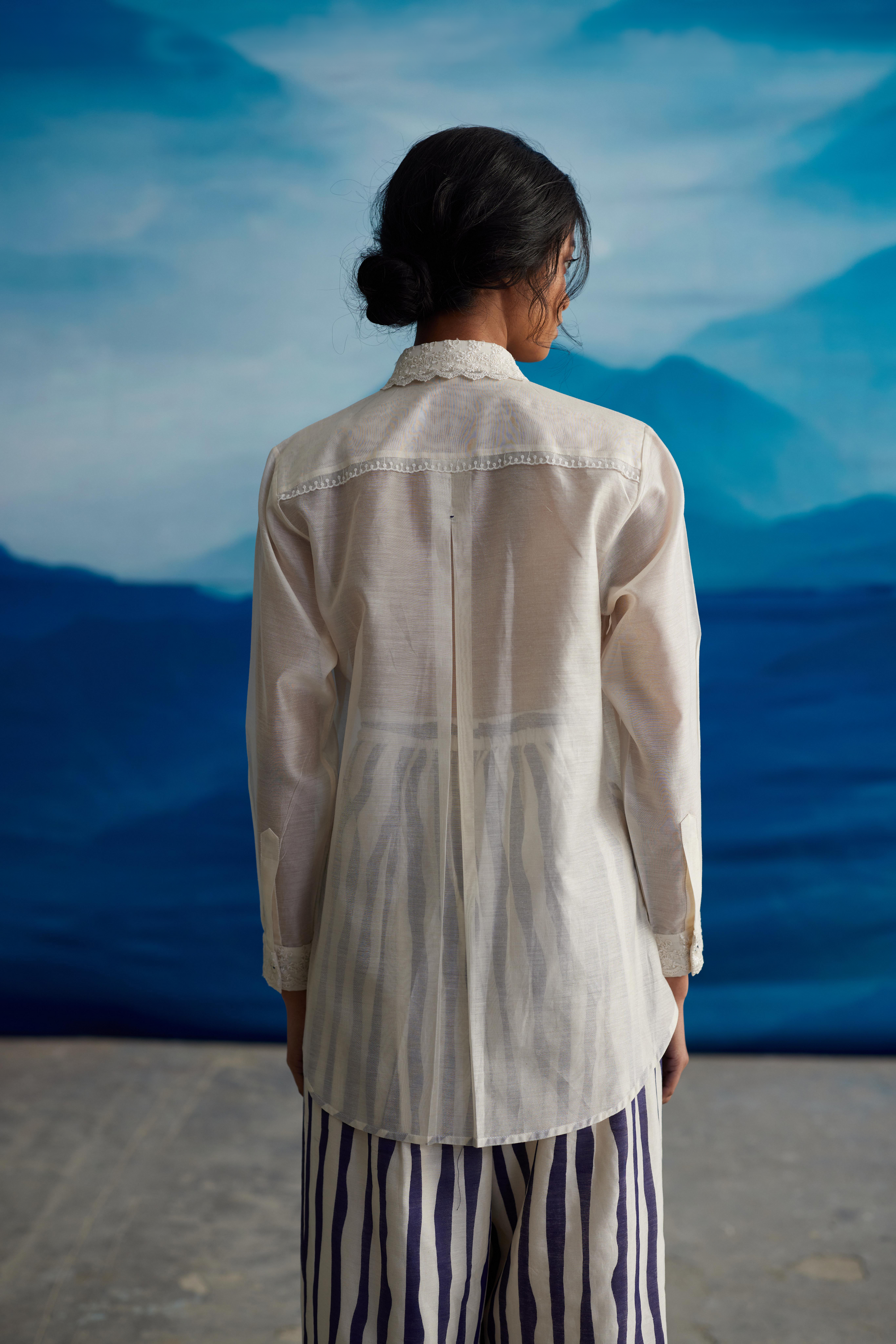 White Chanderi Solid Shirt With Lace at Kamakhyaa by Ahmev. This item is Casual Wear, Chanderi, Indigo Eden by Ahmev, Korean Chic, Lace, Natural, Regular Fit, Shirts, Solids, White, Womenswear