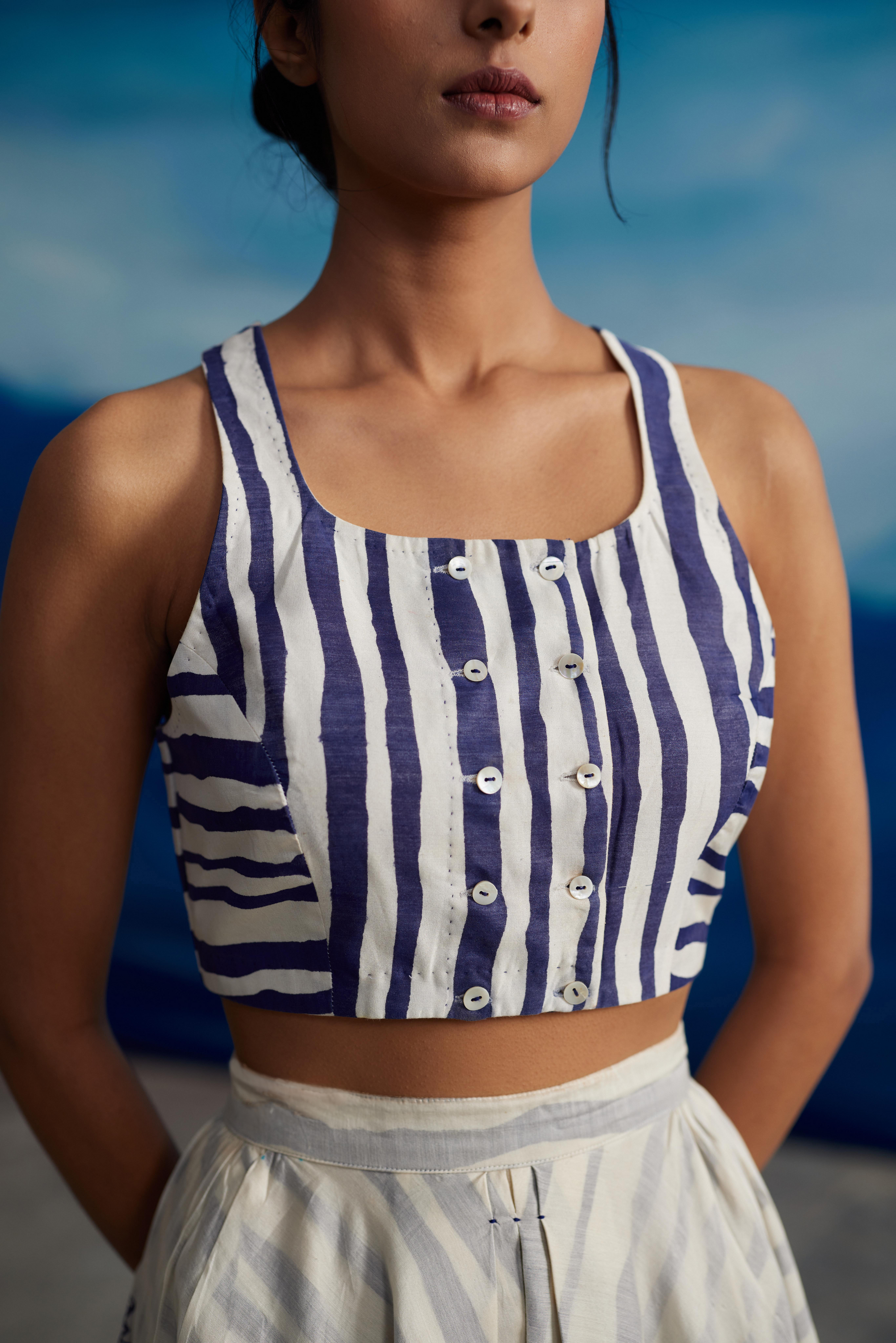 White Chanderi Striped Crop Top at Kamakhyaa by Ahmev. This item is Casual Wear, Chanderi, Crop Tops, Indigo Eden by Ahmev, Korean Chic, Natural, Regular Fit, Stripes, White, Womenswear