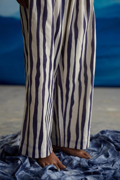 White Chanderi Striped Pant at Kamakhyaa by Ahmev. This item is Casual Wear, Chanderi, Indigo Eden by Ahmev, Korean Chic, Natural, Pants, Regular Fit, Stripes, White, Womenswear