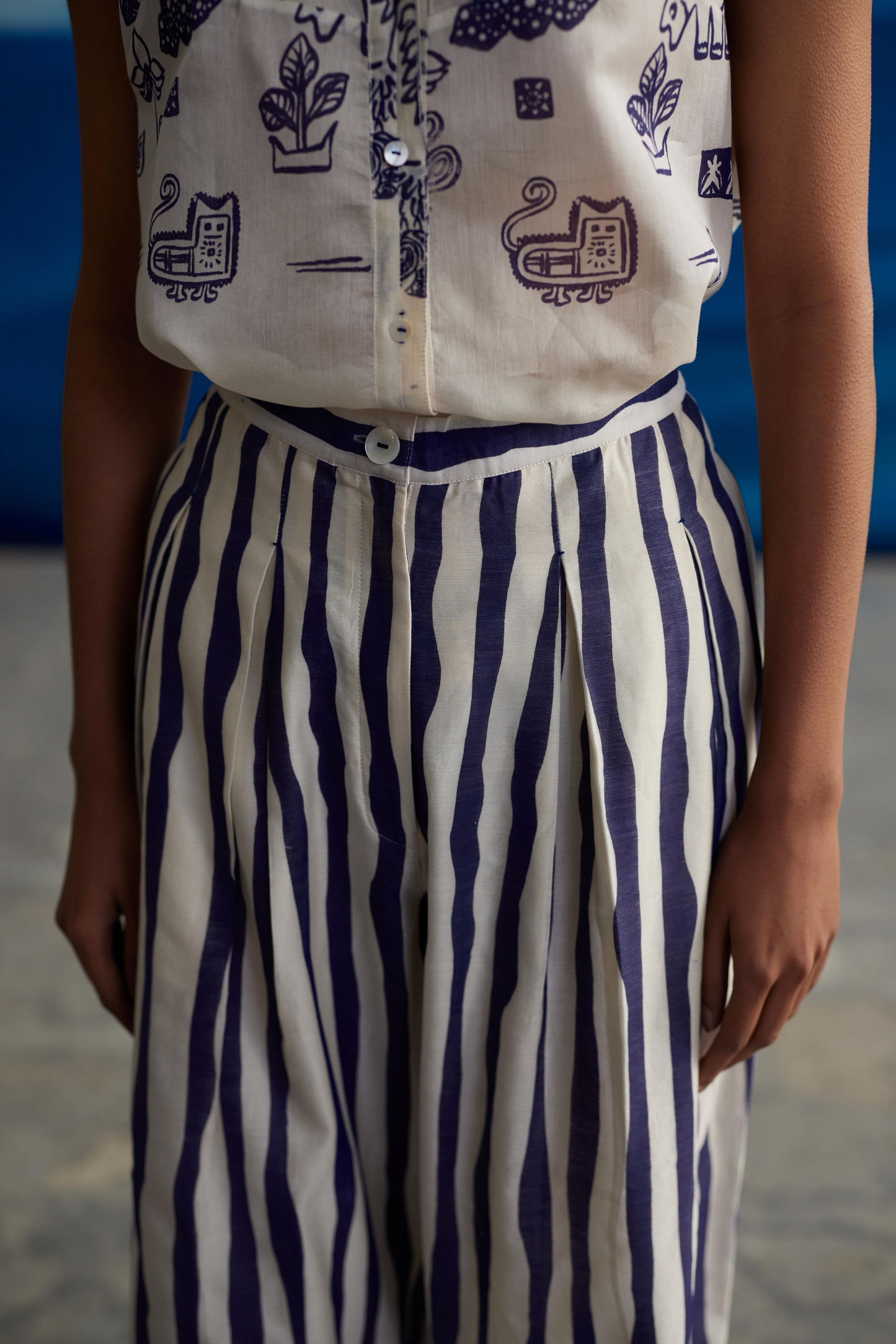 White Chanderi Striped Pant at Kamakhyaa by Ahmev. This item is Casual Wear, Chanderi, Indigo Eden by Ahmev, Korean Chic, Natural, Pants, Regular Fit, Stripes, White, Womenswear