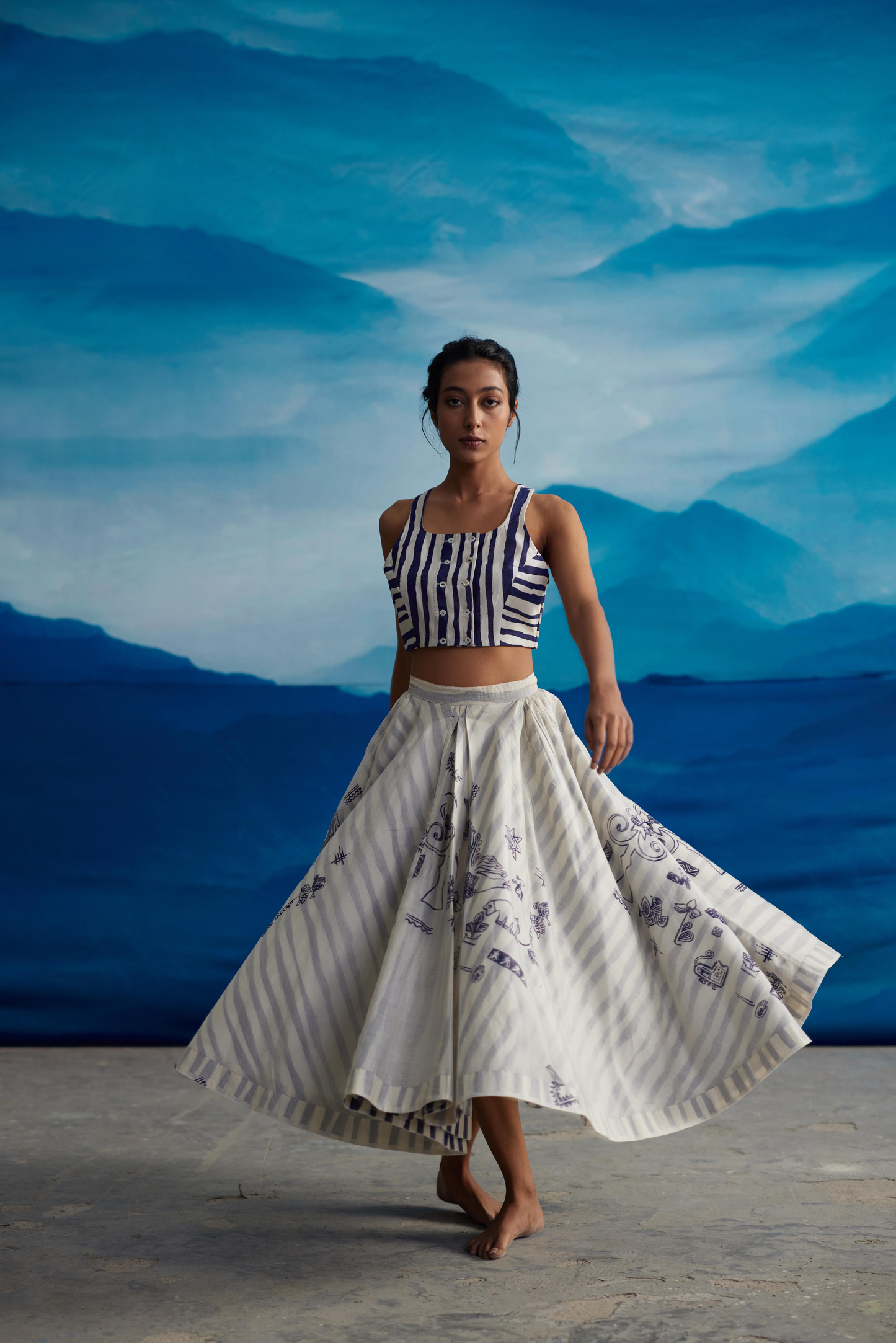 White Chanderi Striped Skirt at Kamakhyaa by Ahmev. This item is Casual Wear, Chanderi, Indigo Eden by Ahmev, Korean Chic, Natural, Prints, Regular Fit, Skirts, White, Womenswear