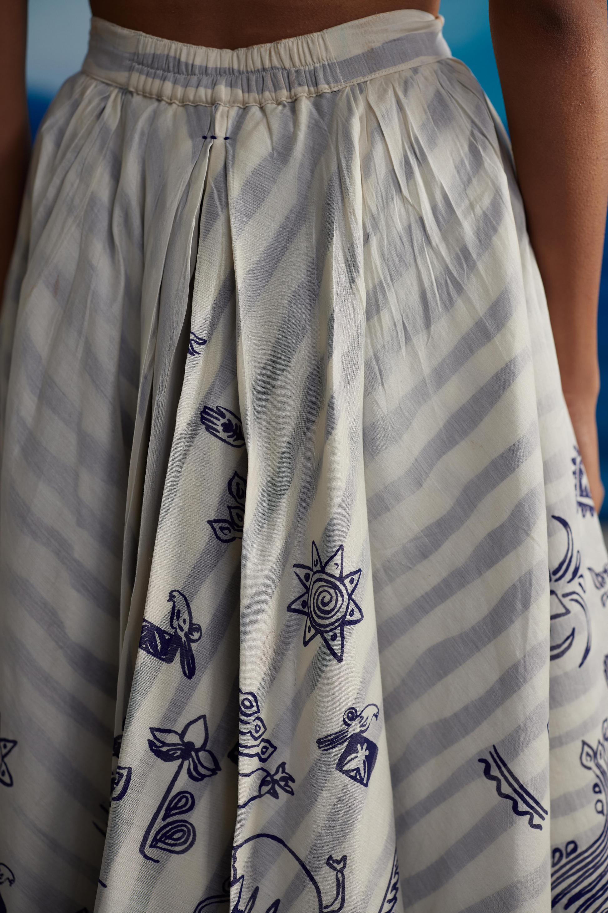 White Chanderi Striped Skirt at Kamakhyaa by Ahmev. This item is Casual Wear, Chanderi, Indigo Eden by Ahmev, Korean Chic, Natural, Prints, Regular Fit, Skirts, White, Womenswear