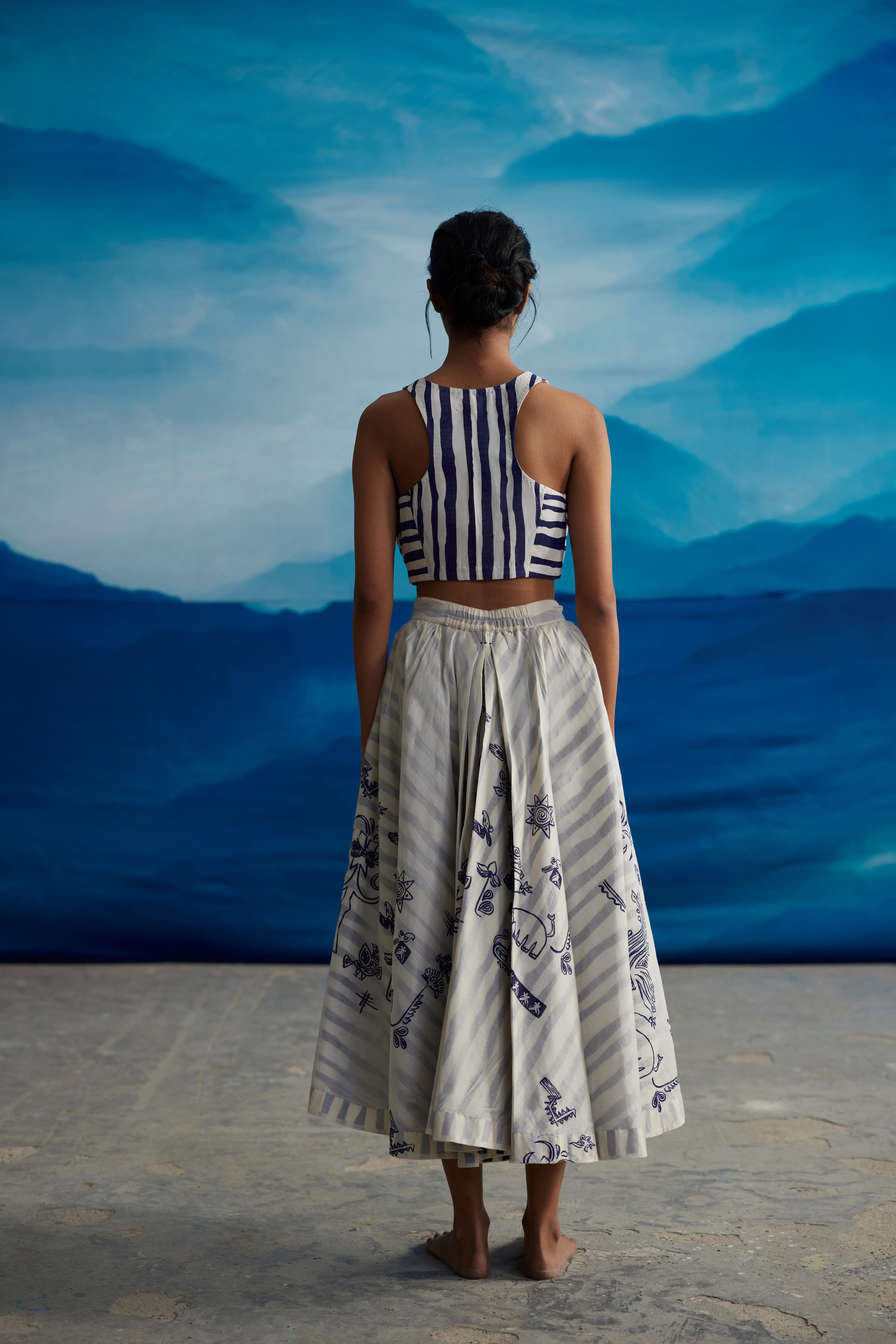 White Chanderi Striped Skirt at Kamakhyaa by Ahmev. This item is Casual Wear, Chanderi, Indigo Eden by Ahmev, Korean Chic, Natural, Prints, Regular Fit, Skirts, White, Womenswear