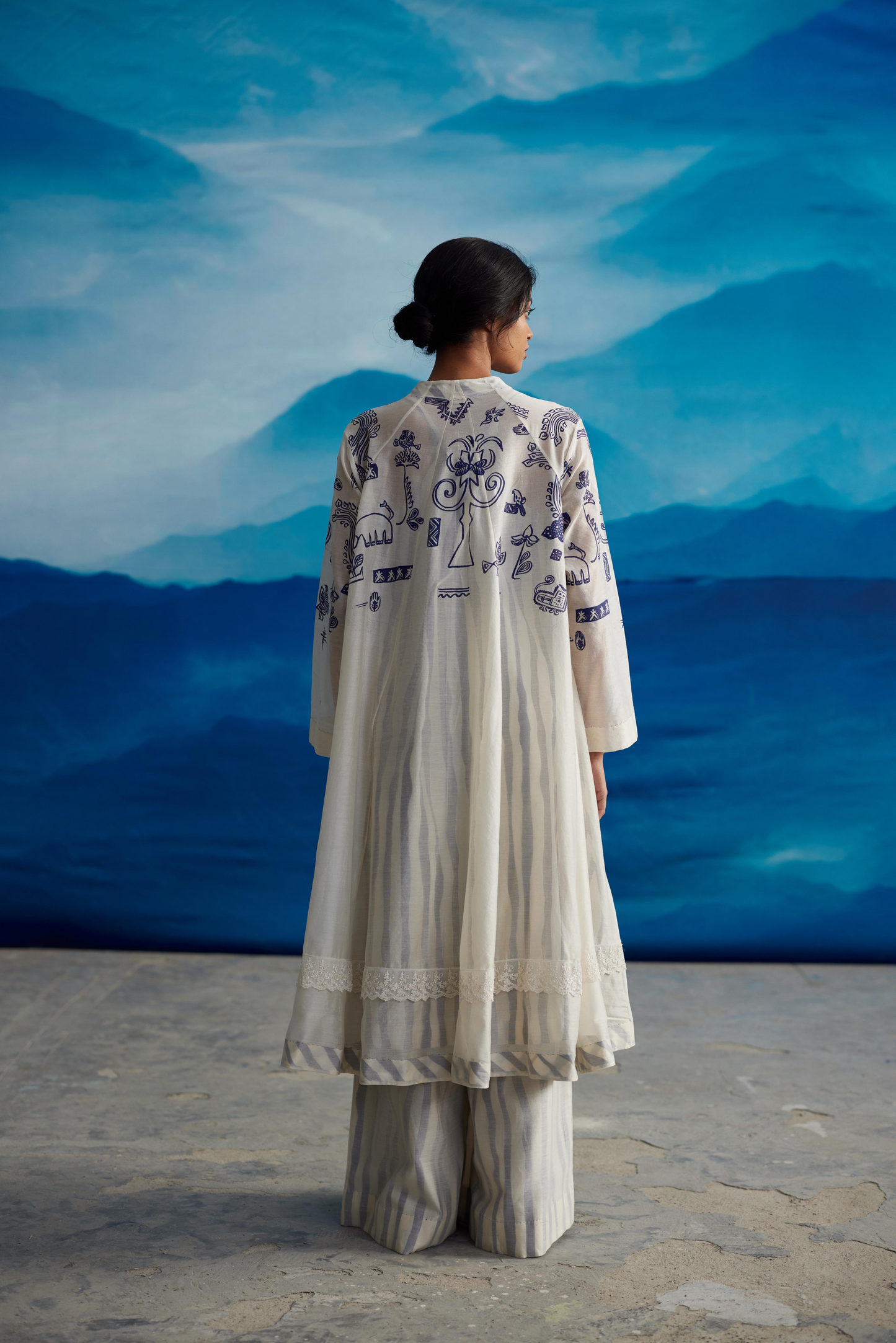 White Chanderi Tassled Shrug at Kamakhyaa by Ahmev. This item is Casual Wear, Chanderi, Indigo Eden by Ahmev, Korean Chic, Lace, Natural, Prints, Regular Fit, Shrugs, White, Womenswear