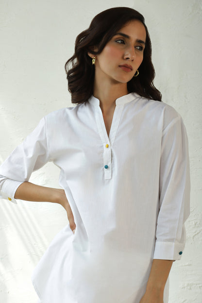 White Cotton Poplin Kurta Pant Set at Kamakhyaa by Canoopi. This item is Canoopi, Casual Wear, Complete Sets, Loungewear Co-Ords, Natural, Poplin, Regular Fit, Solids, White, Womenswear