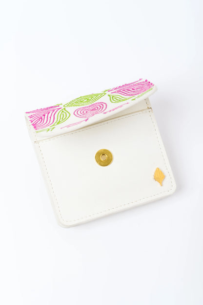 White Embroidered Cardholder at Kamakhyaa by Green Hermitage. This item is Banjara Embroidery, Cactus Leather, Cardholders, Evening Wear, Free Size, Hemp, Lyocell, Recycled, White