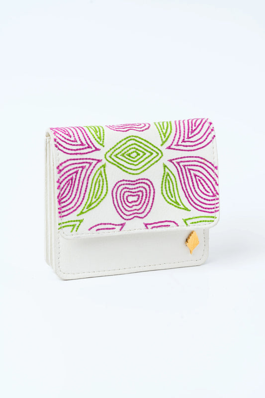 White Embroidered Cardholder at Kamakhyaa by Green Hermitage. This item is Banjara Embroidery, Cactus Leather, Cardholders, Evening Wear, Free Size, Hemp, Lyocell, Recycled, White