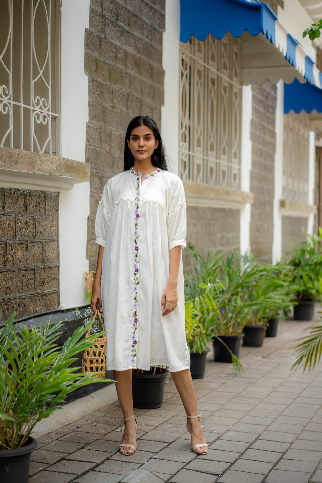 White Embroidered Flare Dress at Kamakhyaa by Krushnachuda. This item is Chilika by Krushnachuda, Embroidered, Handloom Cotton, Loose Fit, Natural Dye, Organic, Outerwear, Under $200, White, Womenswear