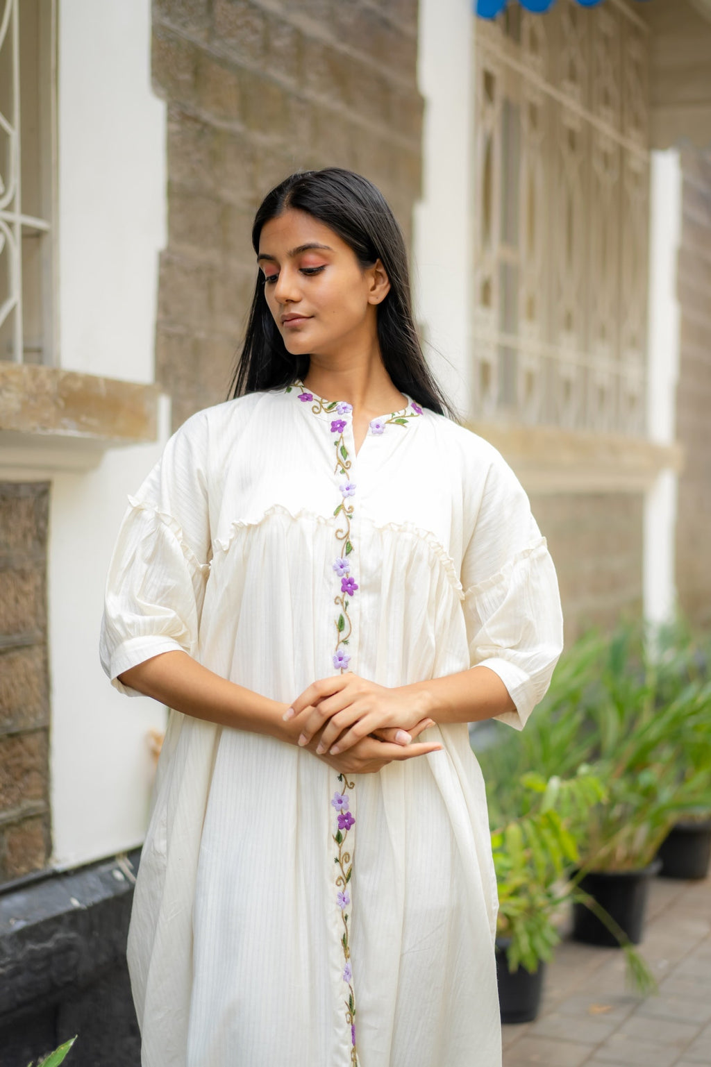 White Embroidered Flare Dress at Kamakhyaa by Krushnachuda. This item is Chilika by Krushnachuda, Embroidered, Handloom Cotton, Loose Fit, Natural Dye, Organic, Outerwear, Under $200, White, Womenswear