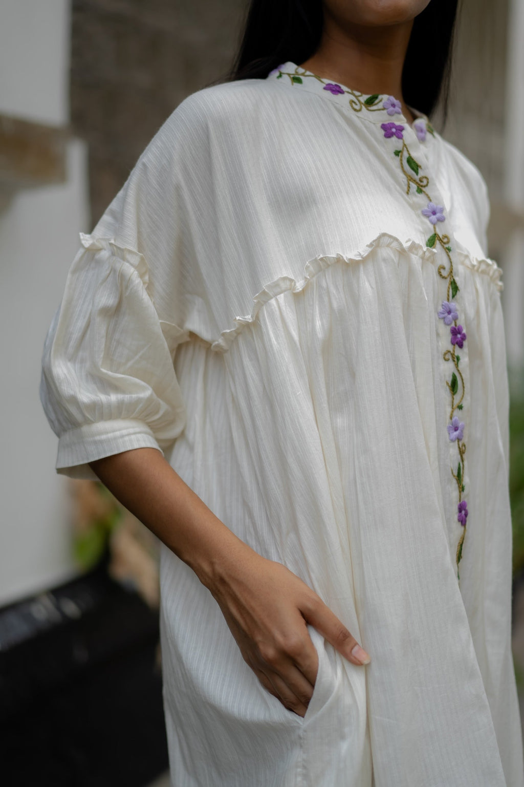 White Embroidered Flare Dress at Kamakhyaa by Krushnachuda. This item is Chilika by Krushnachuda, Embroidered, Handloom Cotton, Loose Fit, Natural Dye, Organic, Outerwear, Under $200, White, Womenswear
