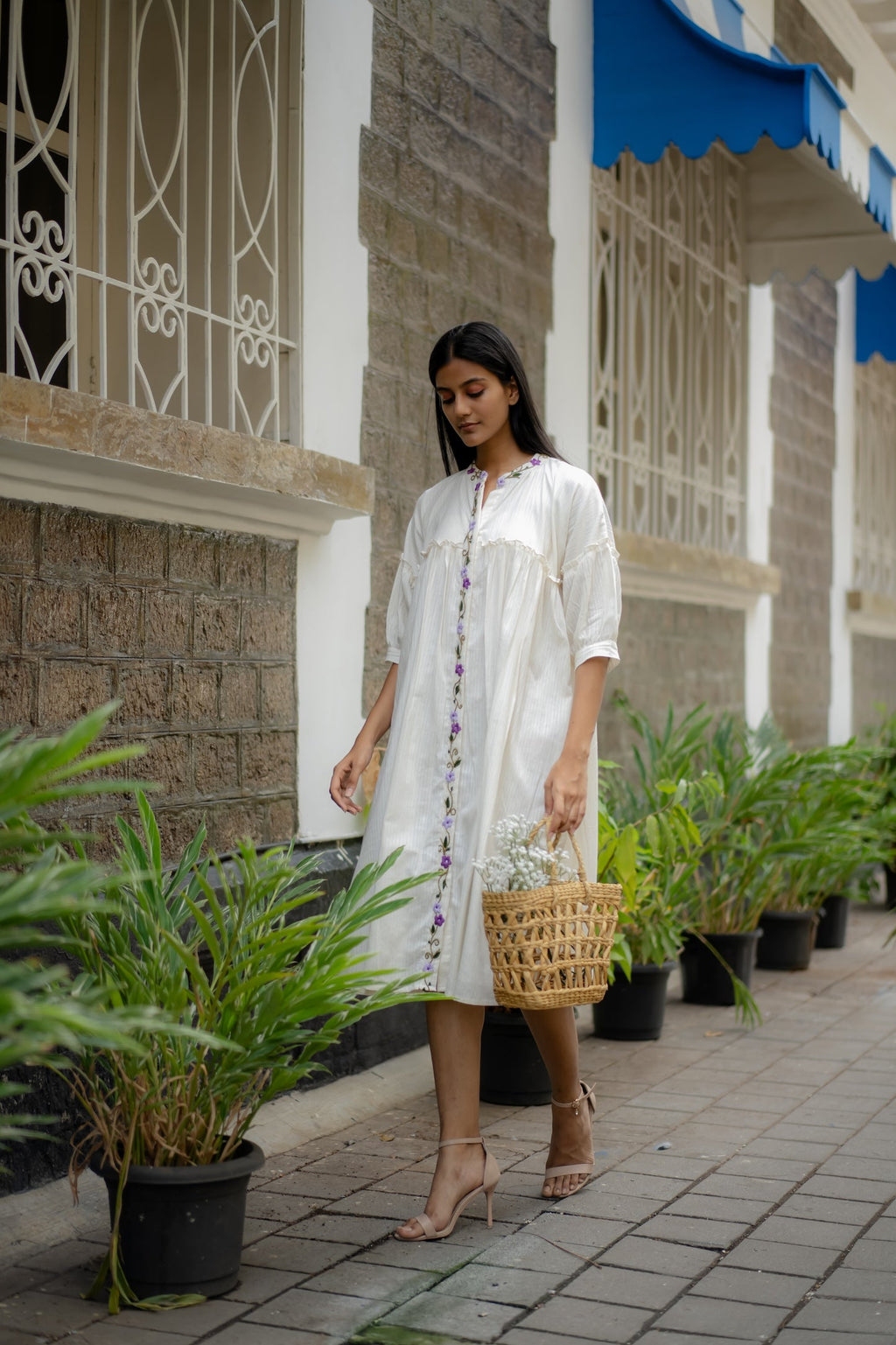 White Embroidered Flare Dress at Kamakhyaa by Krushnachuda. This item is Chilika by Krushnachuda, Embroidered, Handloom Cotton, Loose Fit, Natural Dye, Organic, Outerwear, Under $200, White, Womenswear