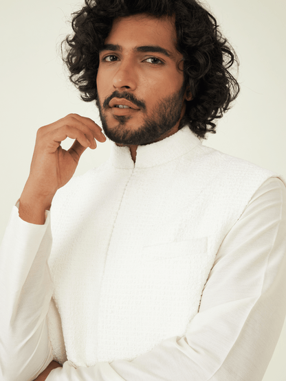 White Festive Wear Crepe Jacket at Kamakhyaa by RoohbyRidhimaa. This item is Crepe, Crinkle Crepe Suiting Fabric, Festive Wear, Jackets, Men Jackets, Menswear By RoohbyRidhimaa, Qala By RoohbyRidhimaa, Regular Fit, Solids, White