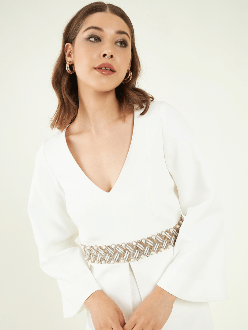 White Fine Crepe Co-ord Set at Kamakhyaa by Bohobi. This item is Fine Banana Crepe, Office Wear, Office Wear Co-ords, Regular Fit, Solids, Toxin free, White
