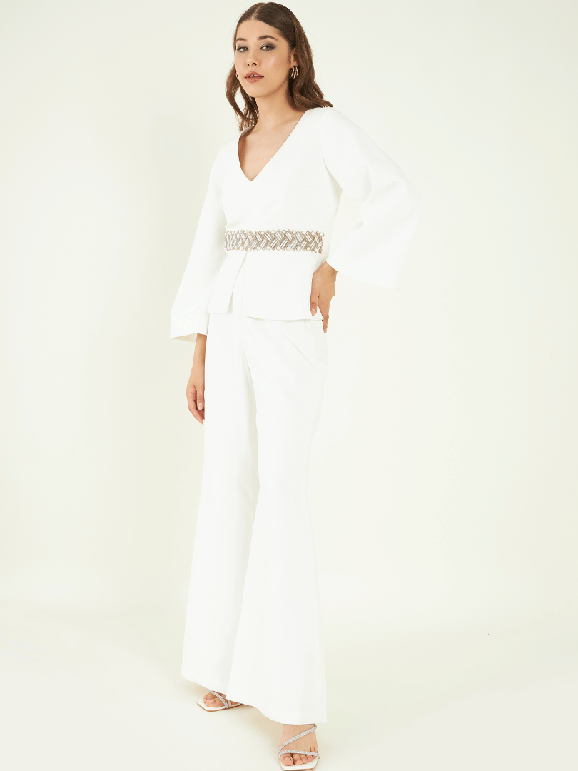 White Fine Crepe Co-ord Set at Kamakhyaa by Bohobi. This item is Fine Banana Crepe, Office Wear, Office Wear Co-ords, Regular Fit, Solids, Toxin free, White