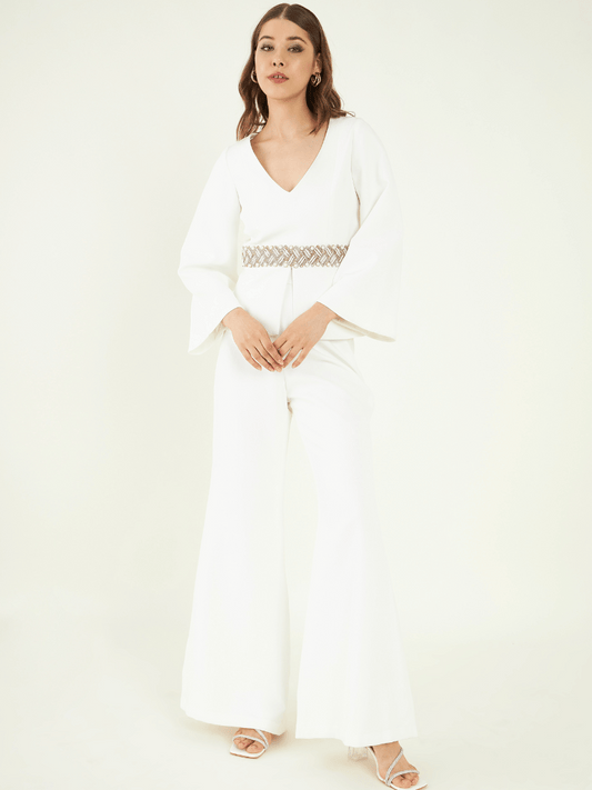 White Fine Crepe Co-ord Set at Kamakhyaa by Bohobi. This item is Fine Banana Crepe, Office Wear, Office Wear Co-ords, Regular Fit, Solids, Toxin free, White
