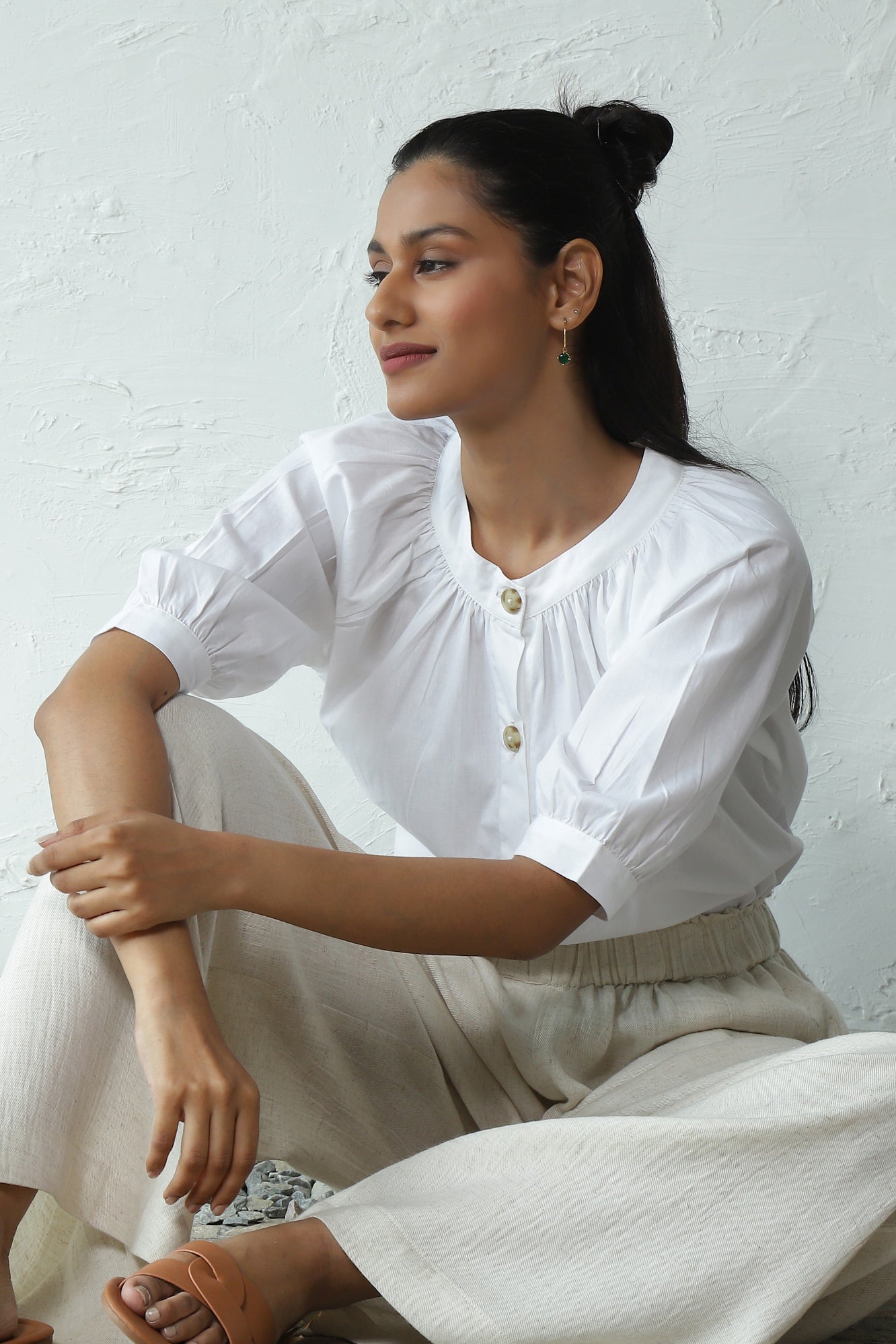 White Gathered Top Pant Cotton Co-Ord Set at Kamakhyaa by Canoopi. This item is Blue, Canoopi, Casual Wear, Complete Sets, Natural, Poplin, Rayon, Regular Fit, Solids, Vacation Co-ords, White, Womenswear