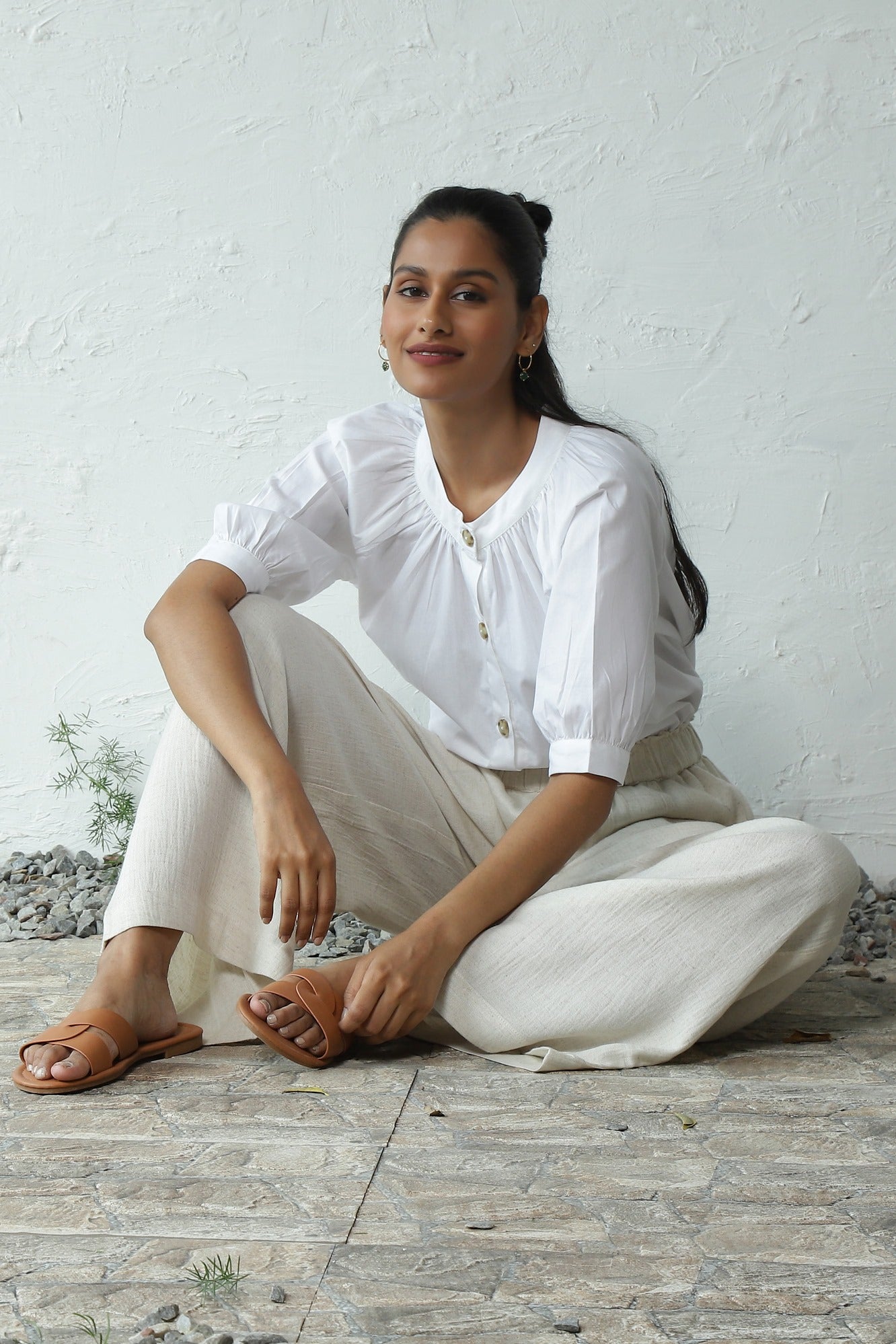 White Gathered Top Pant Cotton Co-Ord Set at Kamakhyaa by Canoopi. This item is Blue, Canoopi, Casual Wear, Complete Sets, Natural, Poplin, Rayon, Regular Fit, Solids, Vacation Co-ords, White, Womenswear