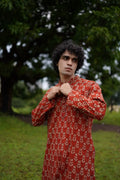 White Leaves Print Red Kurta for Mens at Kamakhyaa by Hasttvam. This item is Cotton, Festive Wear, Floral, Handmade by Artisans, Natural dyes, Red, Relaxed Fit, Respondible production and Vegan