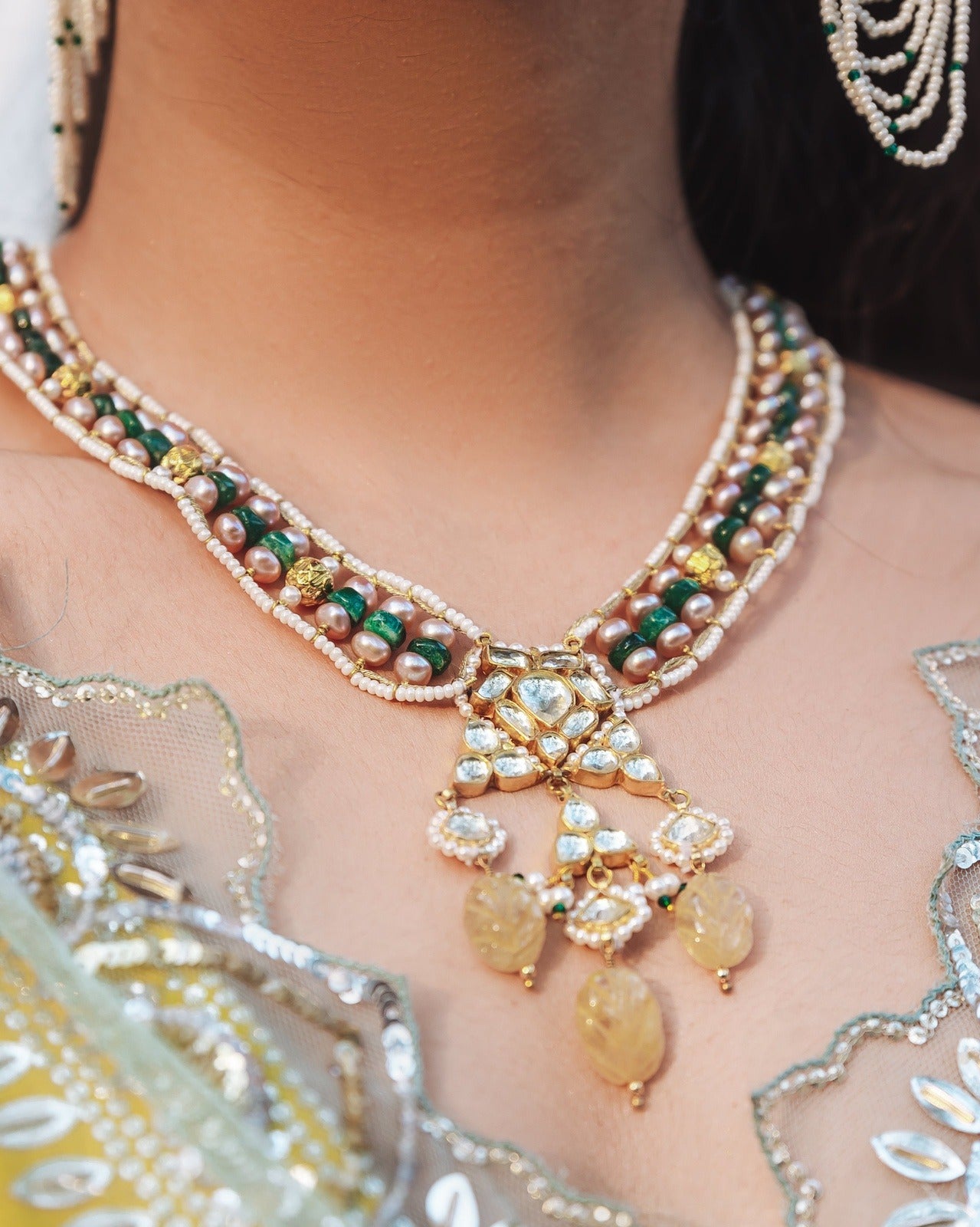 White Necklace Niseni Polki Citrine at Kamakhyaa by House Of Heer. This item is Add Ons, Festive Jewellery, Festive Wear, Free Size, Gemstone, jewelry, Jewelry Sets, July Sale, July Sale 2023, Mix metal, Multicolor, Natural, Pearl, Polkis, Textured, Wedding Gifts