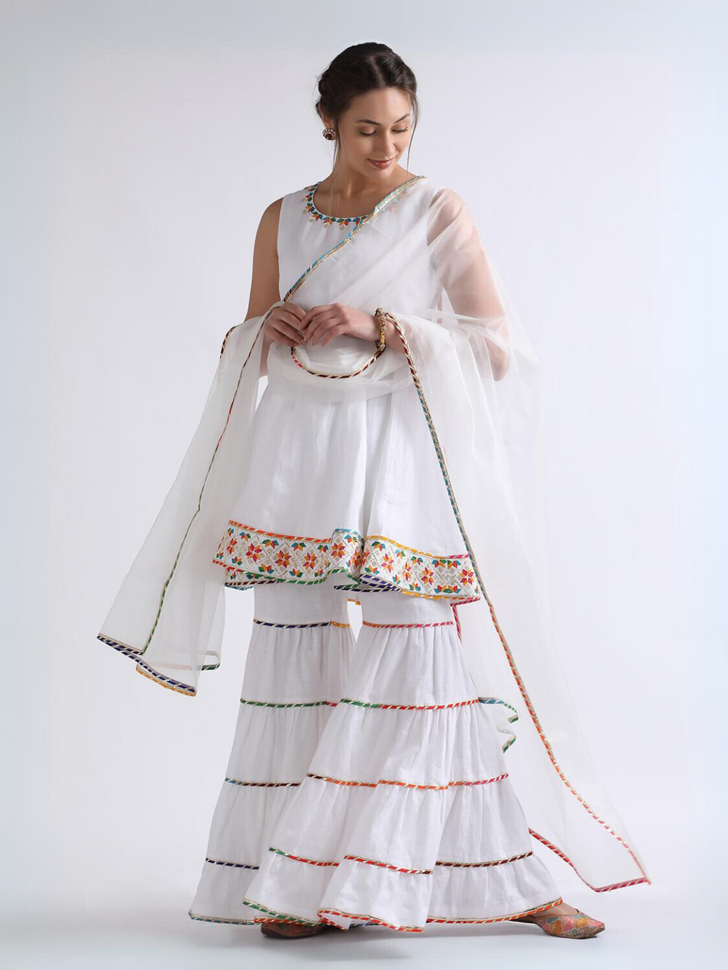 White Organza Sharara Set with Resham Embroidery at Kamakhyaa by RoohbyRidhimaa. This item is Casual Wear, Cotton, Kurta Sets, Linen, Organza, Regular Fit, Resham Embroidered, Sharara Sets, Toxin free, White