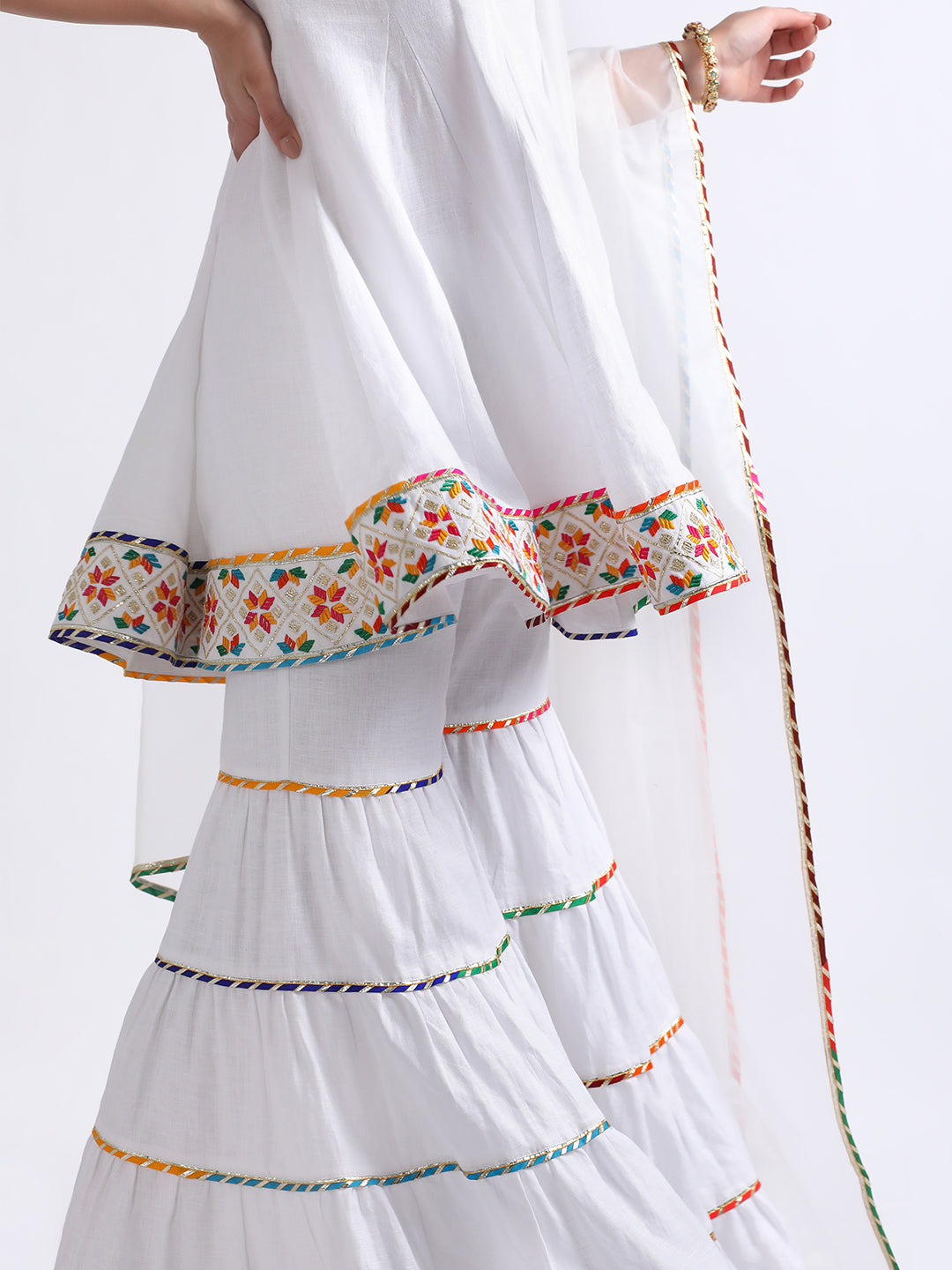 White Organza Sharara Set with Resham Embroidery | Linen