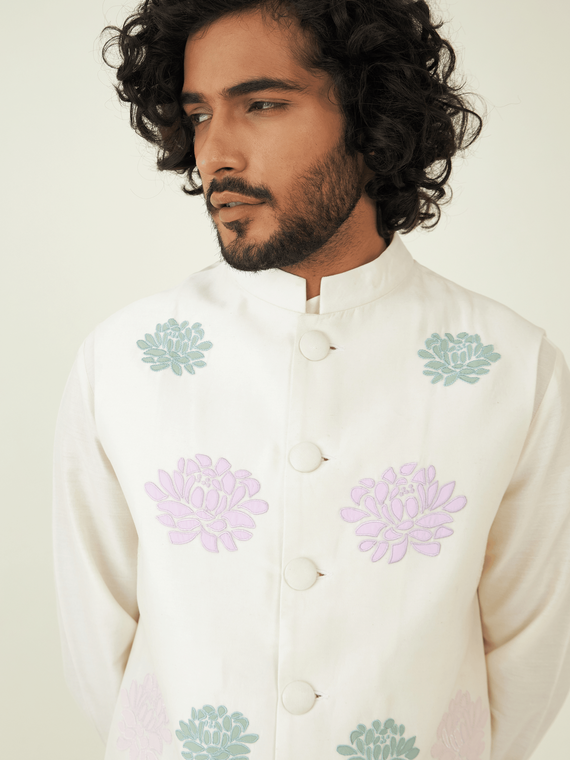 White Resham Embroidered Jacket at Kamakhyaa by RoohbyRidhimaa. This item is Chanderi Silk, Festive Wear, Jackets, Men Jackets, Menswear By RoohbyRidhimaa, Qala By RoohbyRidhimaa, Regular Fit, Resham Embroidered, Silk Chanderi, White