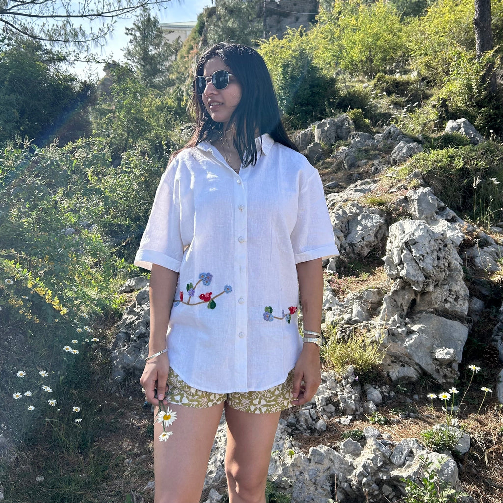 White Serene Stich Linen Shirt at Kamakhyaa by Ikriit'm. This item is Bloom by Ikriit'm, Casual Wear, Crochet, Crochet Apparel, Linen, Relaxed Fit, Under $100, White, Womenswear