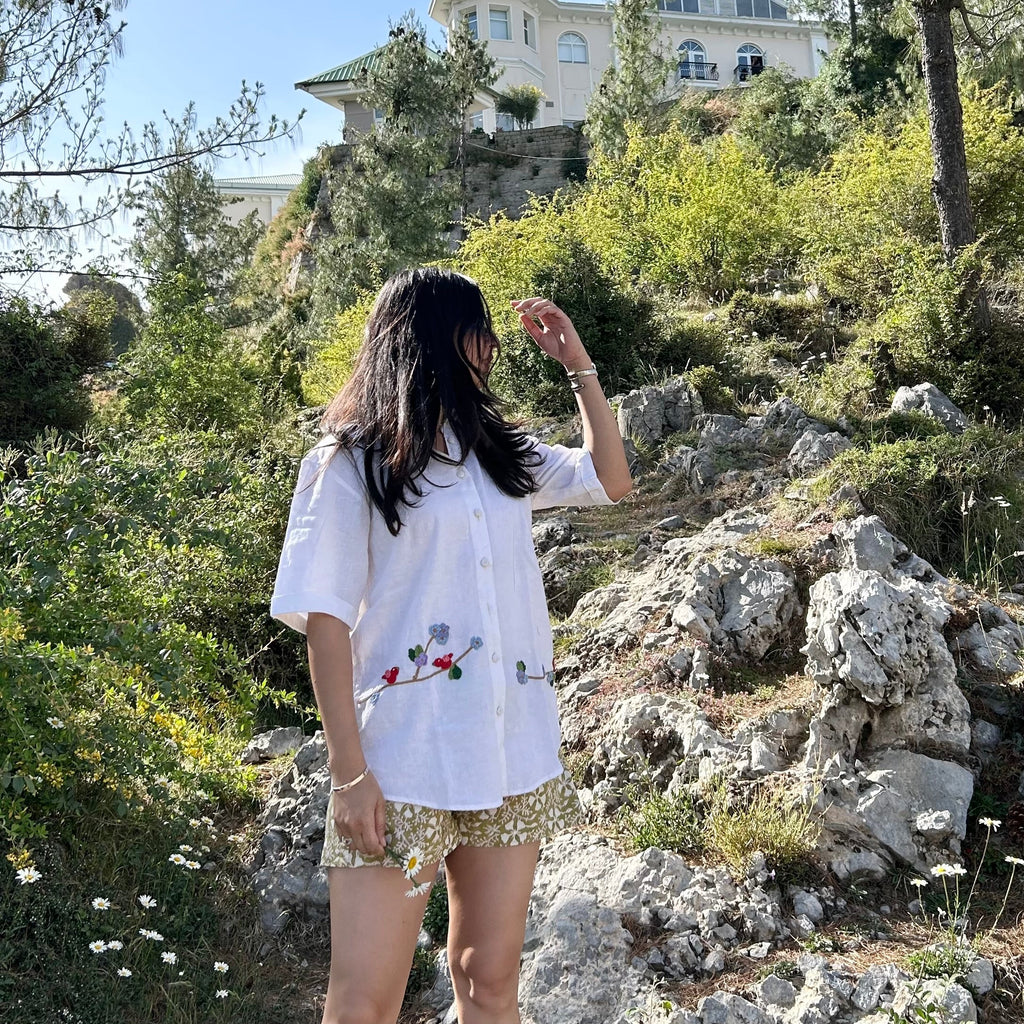 White Serene Stich Linen Shirt at Kamakhyaa by Ikriit'm. This item is Bloom by Ikriit'm, Casual Wear, Crochet, Crochet Apparel, Linen, Relaxed Fit, Under $100, White, Womenswear