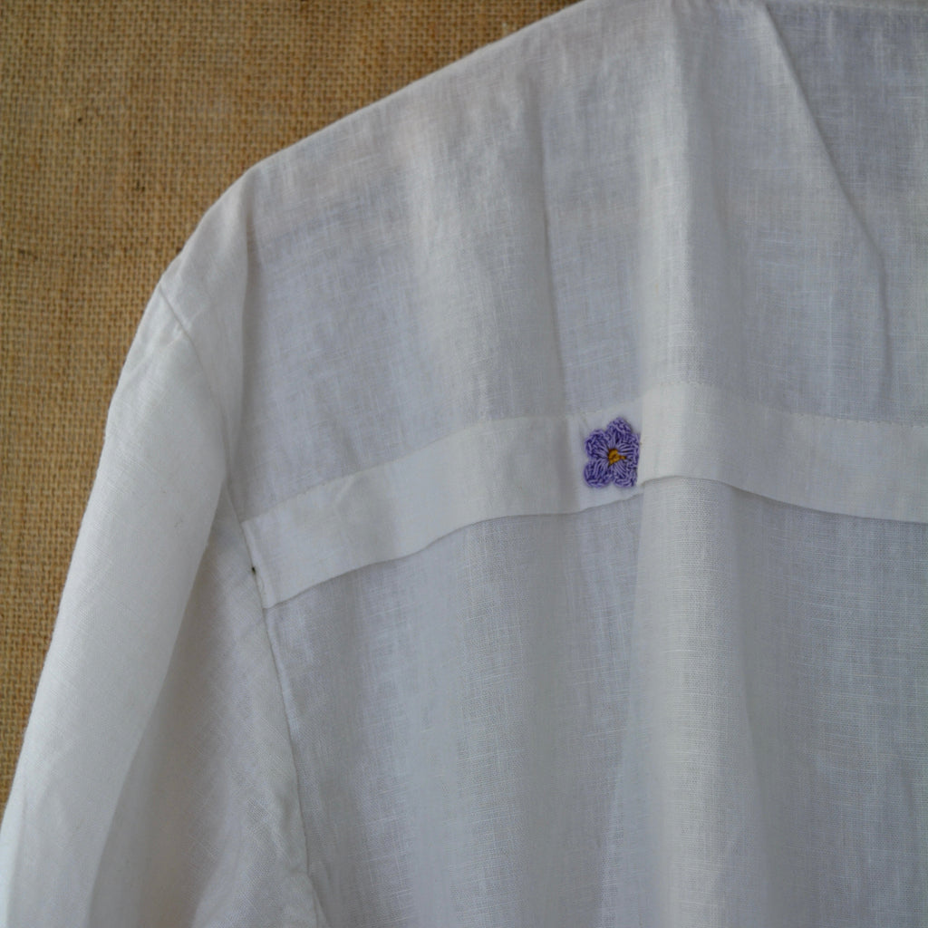 White Serene Stich Linen Shirt at Kamakhyaa by Ikriit'm. This item is Bloom by Ikriit'm, Casual Wear, Crochet, Crochet Apparel, Linen, Relaxed Fit, Under $100, White, Womenswear