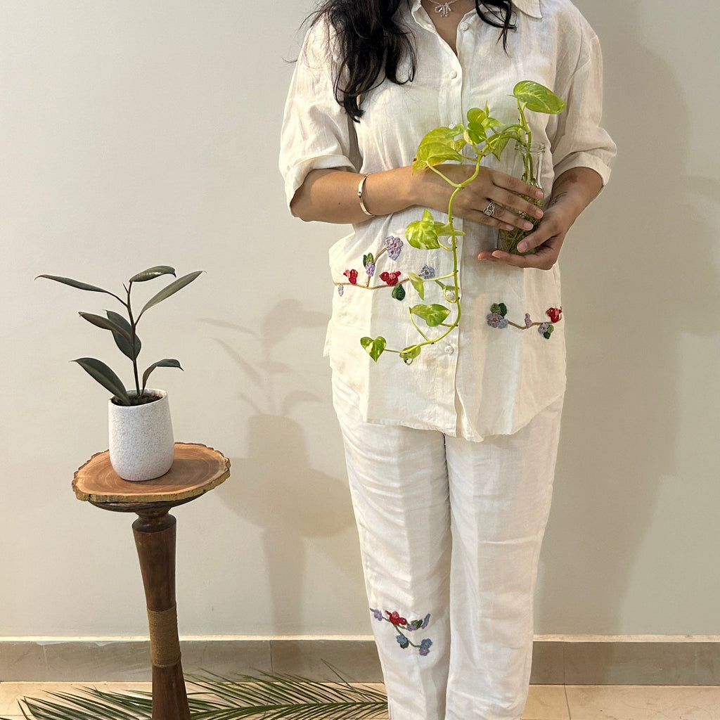 White Serene Stich Linen Shirt & Trouser Set at Kamakhyaa by Ikriit'm. This item is Bloom by Ikriit'm, Casual Wear, Crochet, Crochet Apparel, Linen, Relaxed Fit, Under $150, White, Womenswear