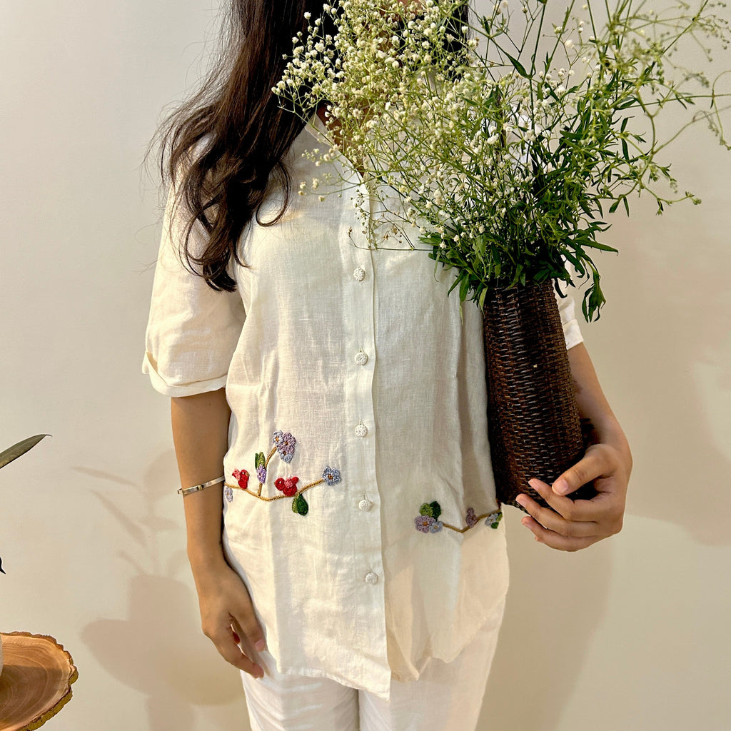 White Serene Stich Linen Shirt & Trouser Set at Kamakhyaa by Ikriit'm. This item is Bloom by Ikriit'm, Casual Wear, Crochet, Crochet Apparel, Linen, Relaxed Fit, Under $150, White, Womenswear