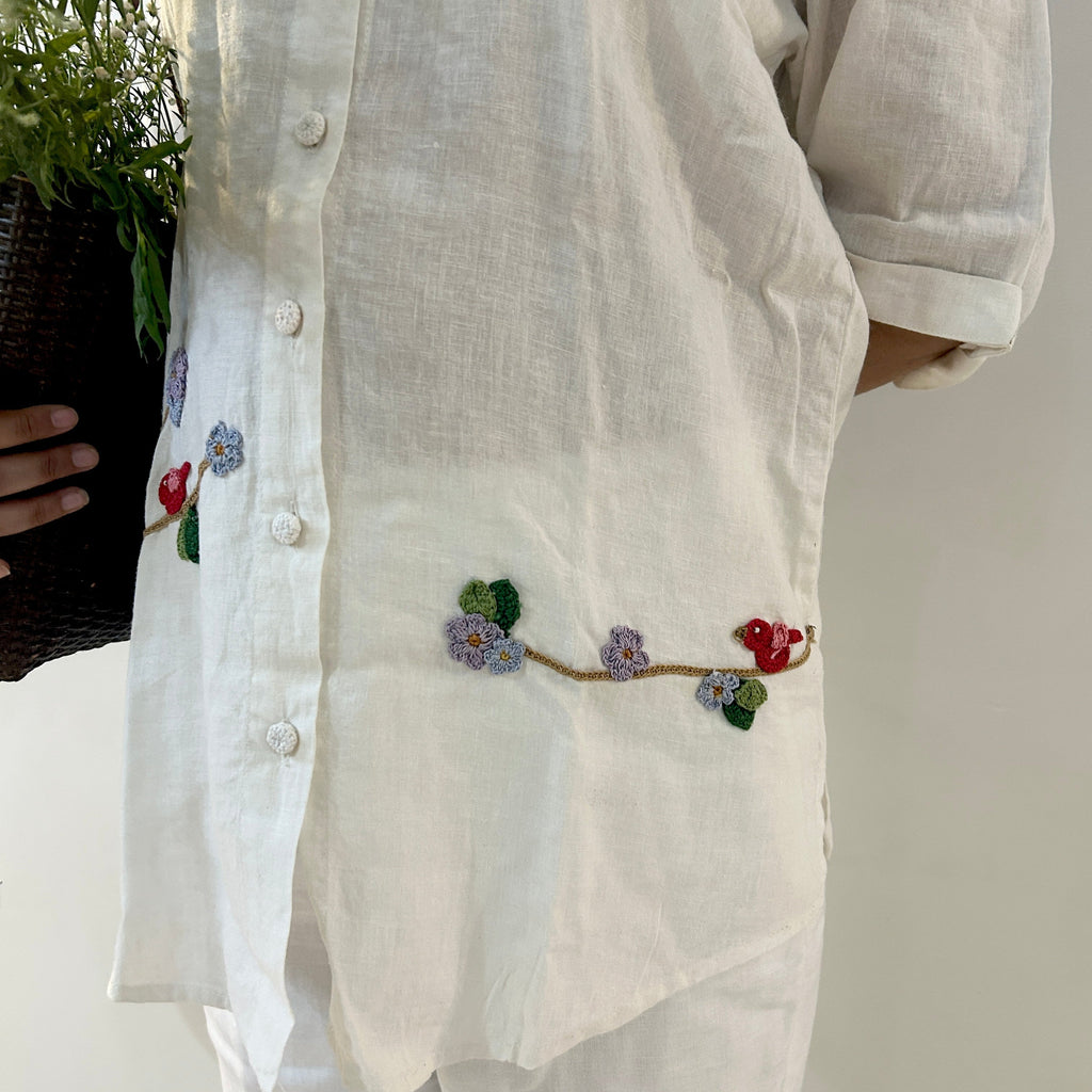 White Serene Stich Linen Shirt & Trouser Set at Kamakhyaa by Ikriit'm. This item is Bloom by Ikriit'm, Casual Wear, Crochet, Crochet Apparel, Linen, Relaxed Fit, Under $150, White, Womenswear