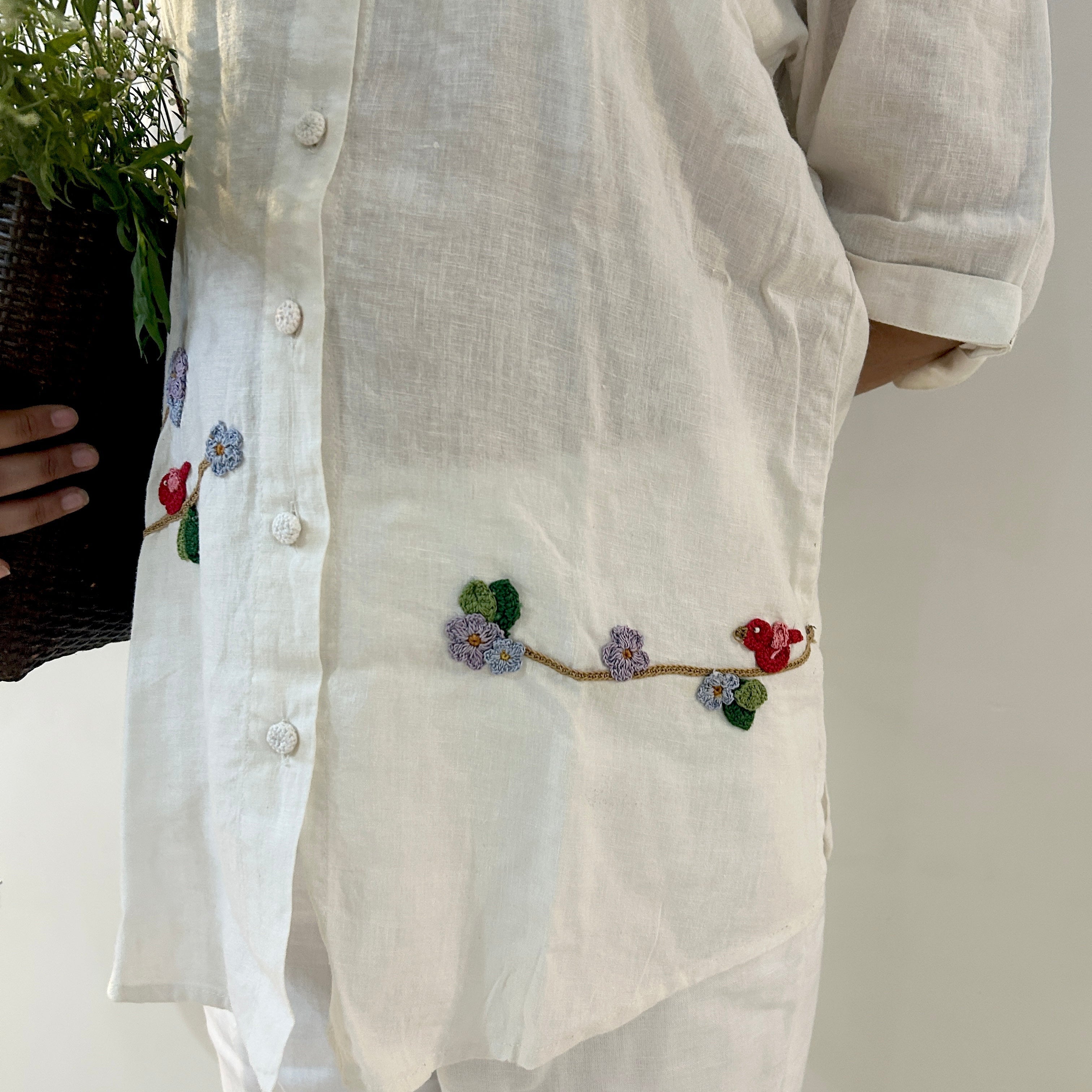 White Serene Stich Linen Shirt & Trouser Set at Kamakhyaa by Ikriit'm. This item is Bloom by Ikriit'm, Casual Wear, Crochet, Crochet Apparel, Linen, Relaxed Fit, Under $150, White, Womenswear