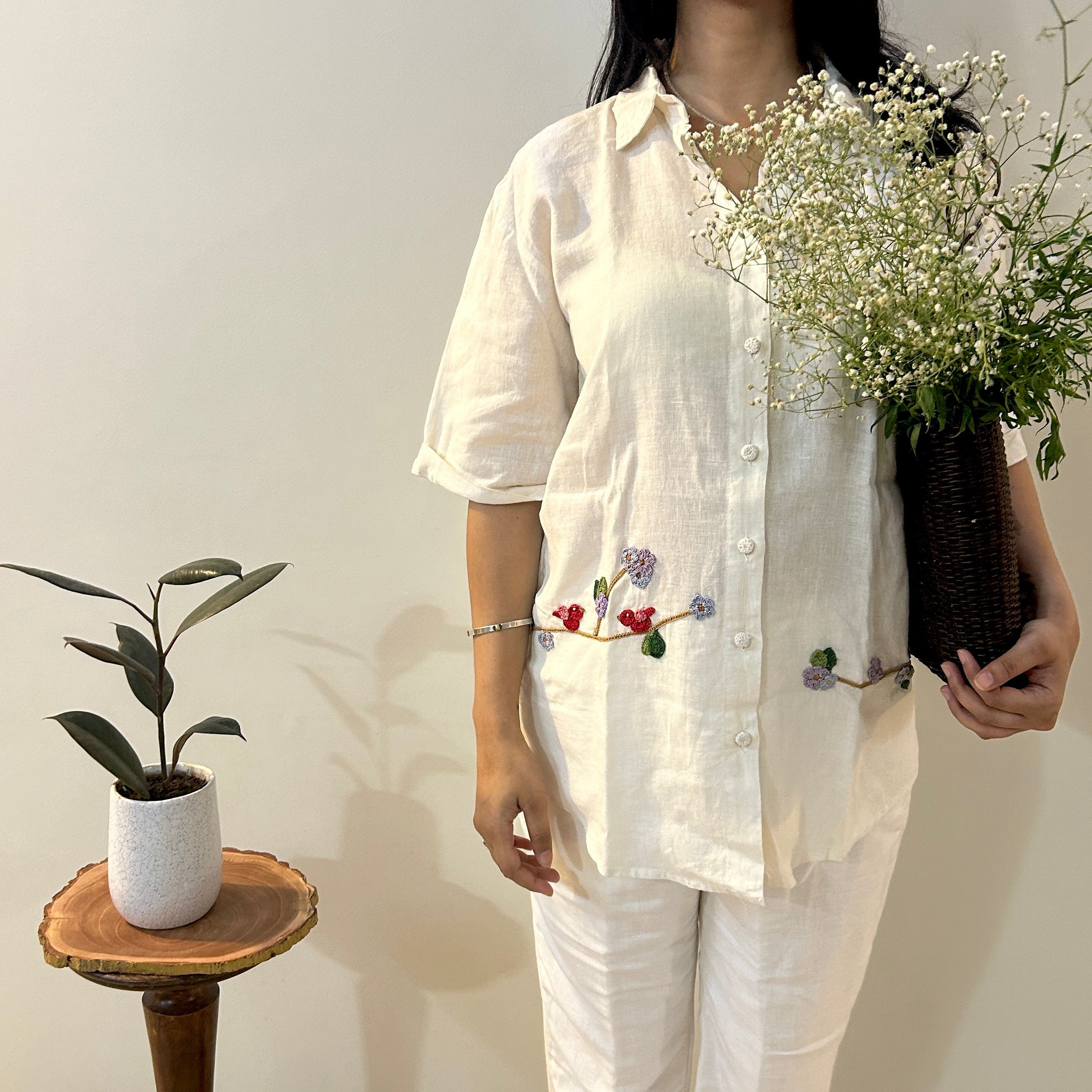 White Serene Stich Linen Shirt & Trouser Set at Kamakhyaa by Ikriit'm. This item is Bloom by Ikriit'm, Casual Wear, Crochet, Crochet Apparel, Linen, Relaxed Fit, Under $150, White, Womenswear